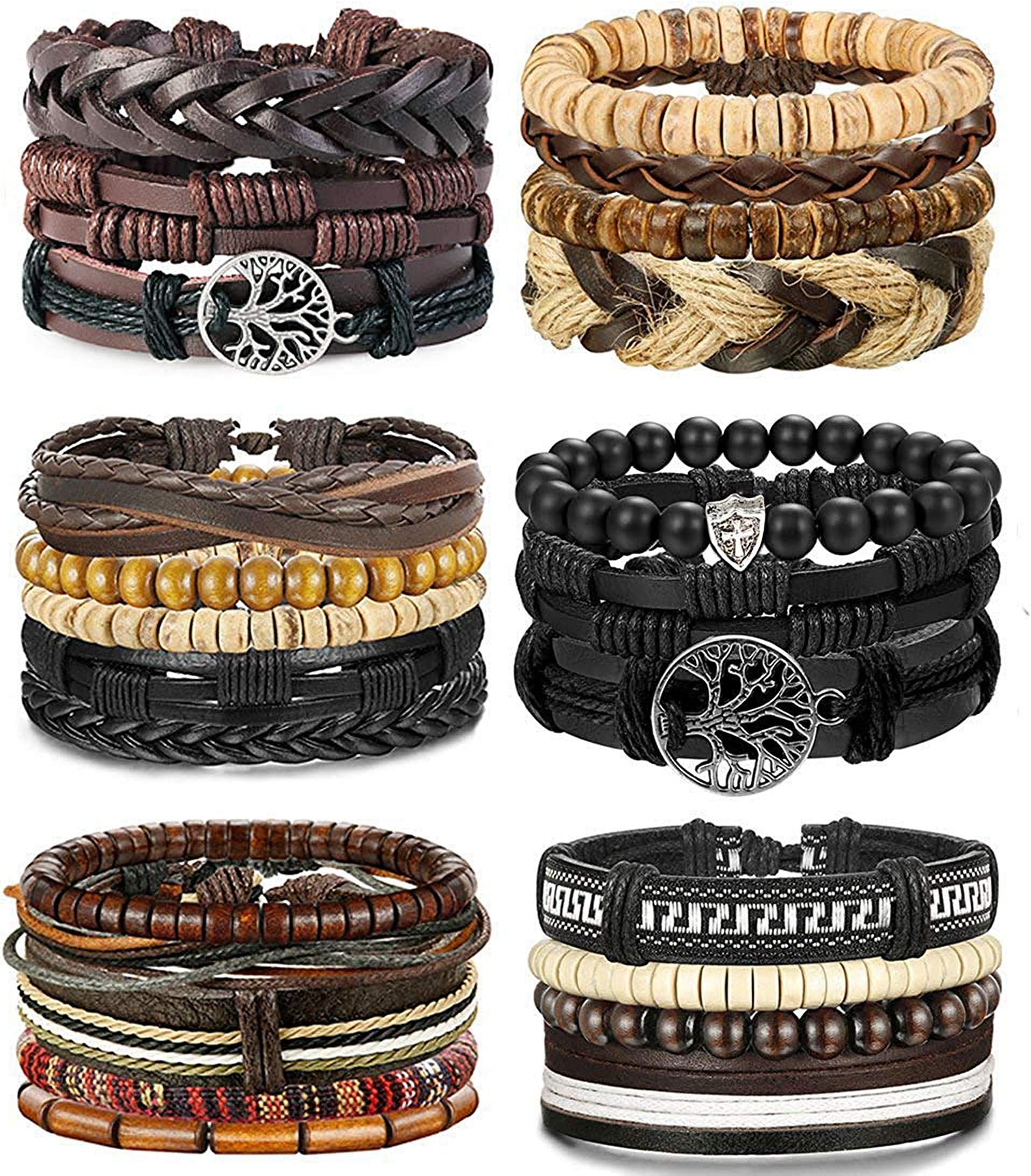 24 x Leather Bracelets for Men and Women - Braided Rope Cuff Bracelet - Tree of Life Vintage - Adjustable Black Brown - One Size