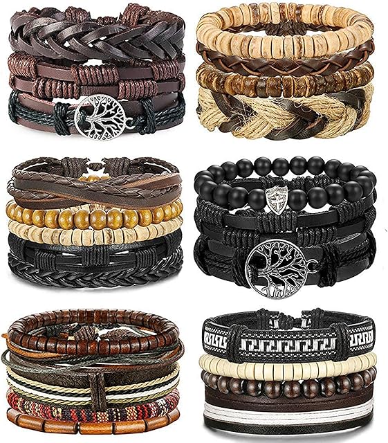 Besteel 24PCS Braided Leather Bracelets for Men Women Punk Goth Vintage Bracelet Adjustable Life of Tree Bracelet Rope Wrap Set