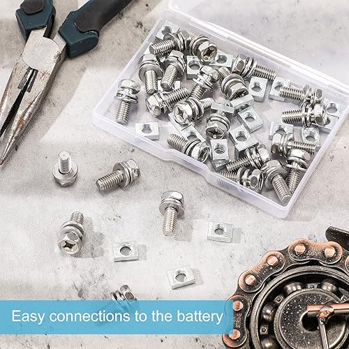 Miniatura 5 de Paquete de 48 pernos de terminal de batería de motocicleta, kit de tuercas cuadradas M6 x 0.630 in, tuercas de terminal de batería, tuercas de