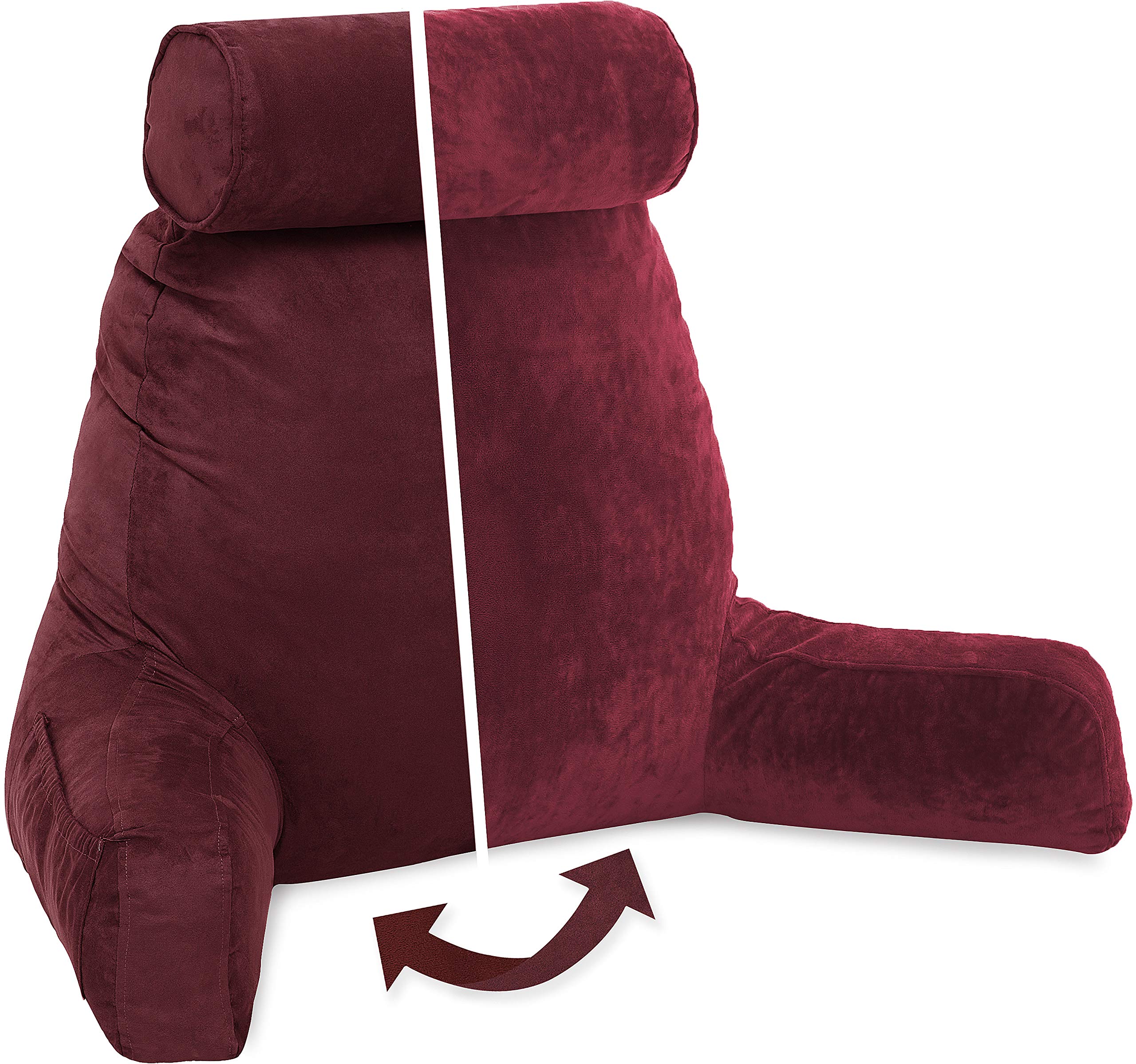 Husband Pillow XXL Aspen Edition, Adult Reading Sit Up Bed Rest Pillow for Bed with Arms & Neck Roll on Bungee Cord, Premium Memory Foam, Reversible 2 Sided Cover Micro Suede or Plush, Arizona Maroon