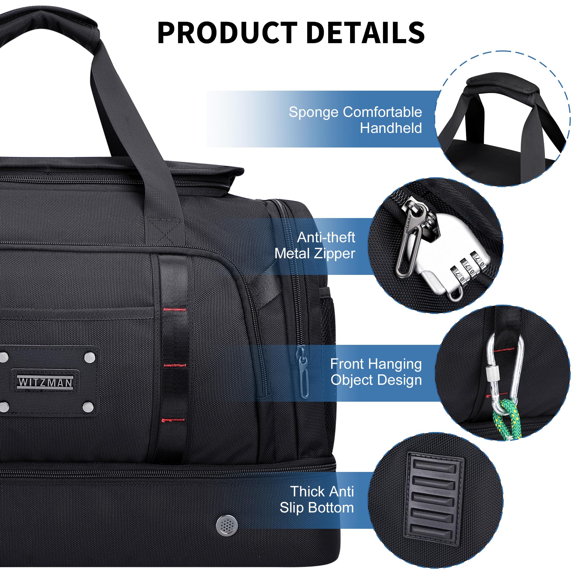 WITZMAN Nylon Reisetasche Herren 55L Weekender Sporttasche mit Schuhfach | Mehrere Taschen mit Nassfach, Konvertierbar, Große Kapazität, Eine für Reisen, Sport, Sauna, Training, B720 Schwarz