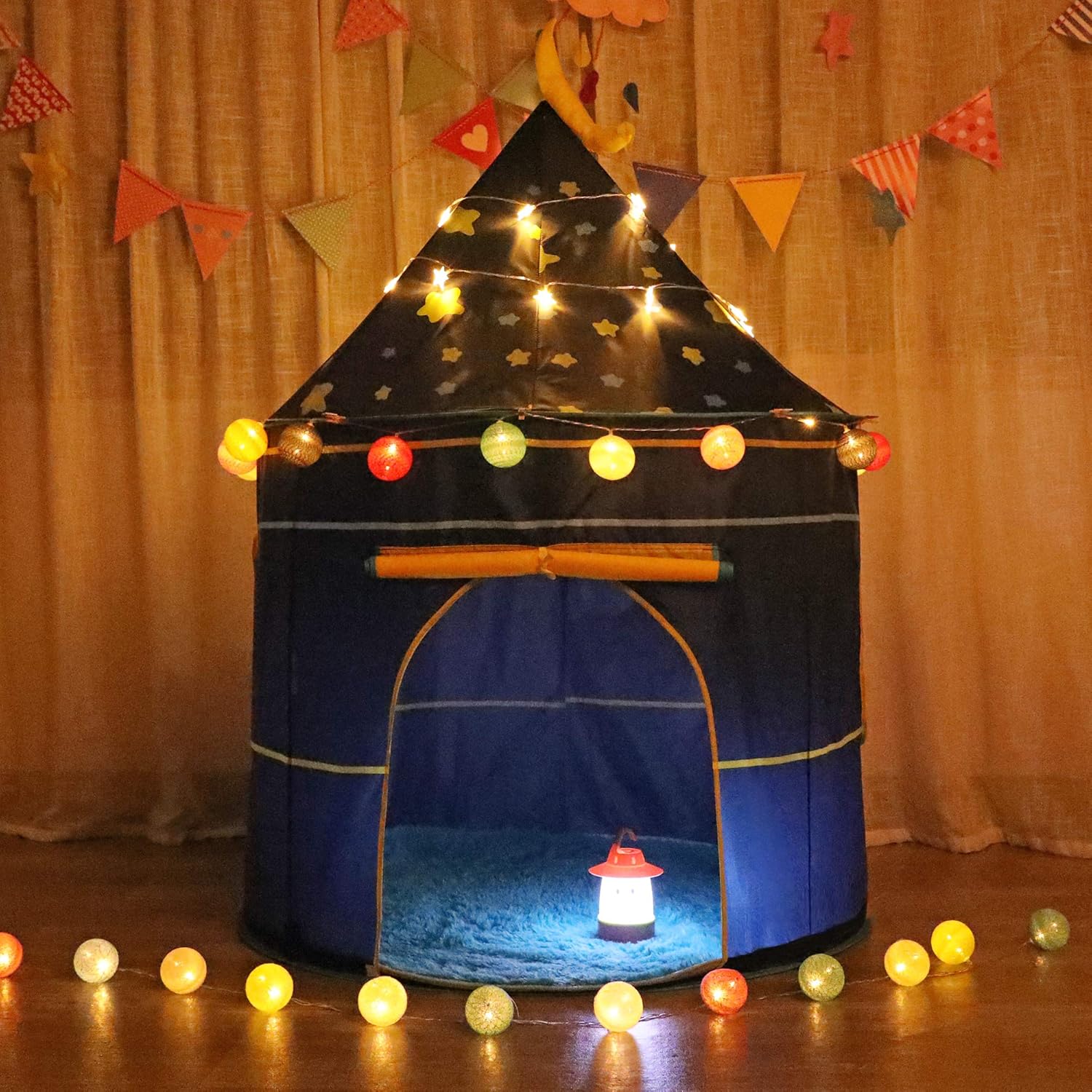 Kids Play Tent Teepee Tent Pop-up Princess Prince Castle Play Tent with Star Lights EN71 ASTM Certified Indoor Outdoor Portable Playhouse Boys & Girls Birthday Gift (Moon Blue)