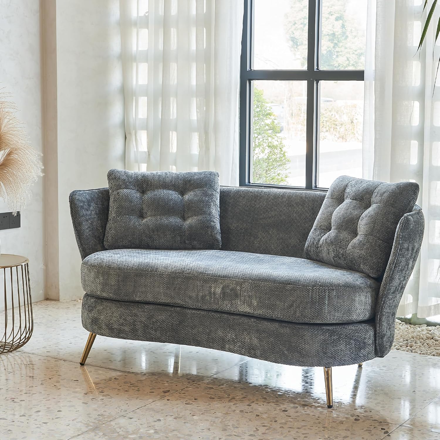 Modern Loveseat Sofa Couch,Futon Small Sofa with Gold Metal Legs, 2-Seater Upholstered Mini Love Seat Sofa Couches for Living Room Bedroom Office Balcony Studio Apartment Easy to Assemble (Gray)