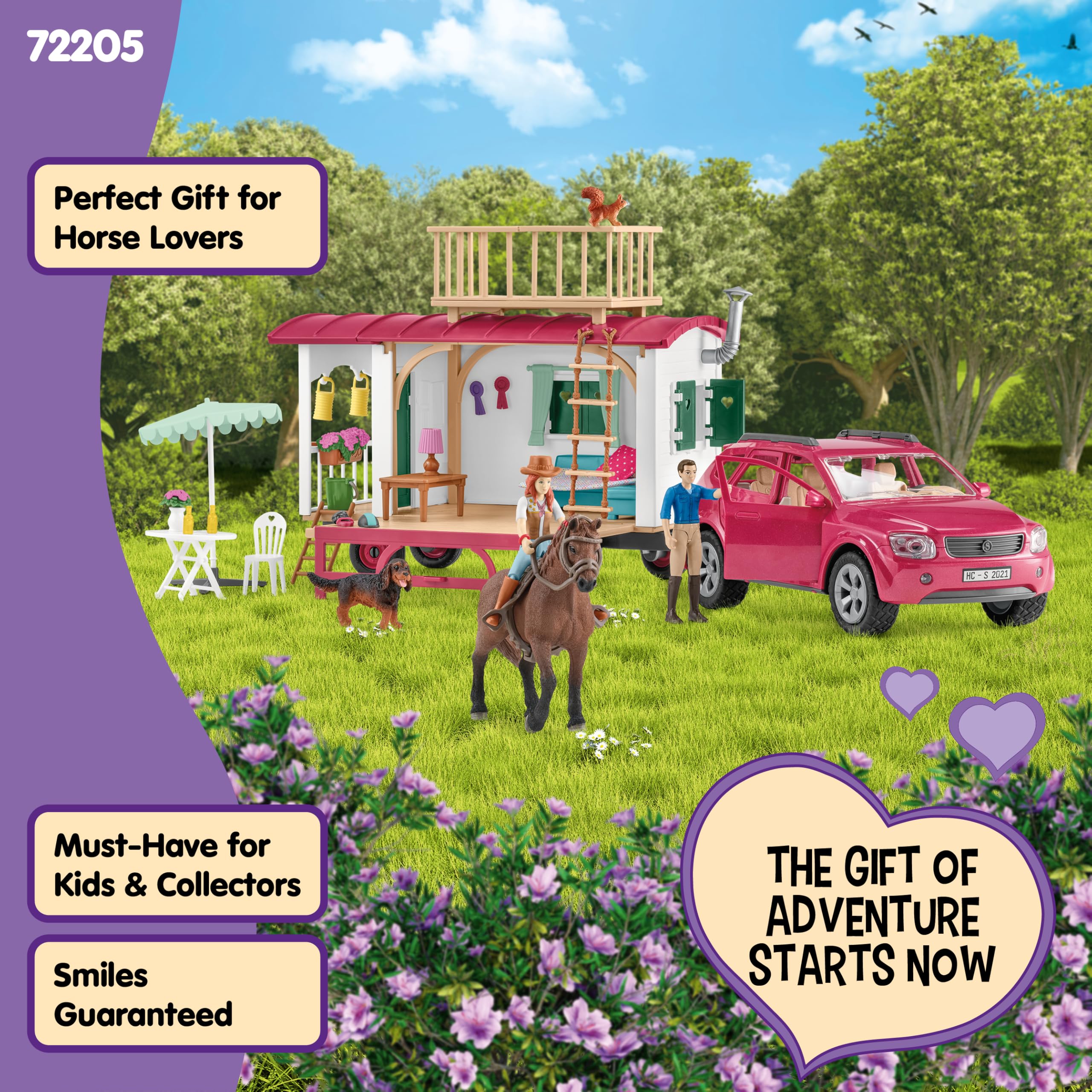 schleich HORSE CLUB | Przygoda z przyczepą kempingową 72205 | Zestaw z przyczepą, SUV-em, 2 figurkami, koniem i psem | Akcesoria dla koni schleich | Zabawka od 5 lat | 113 elementów | tylko na Amazon | Zestaw z przyczepą kempingową, SUV-em, 2 figurkami, k