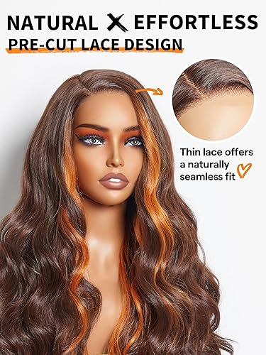 Miniatura 5 de GORGIUS Pelucas con reflejos naranja jengibre, sin pegamento, peluca de onda suelta ombré, pelucas de encaje frontal prearrancadas, pelucas de color