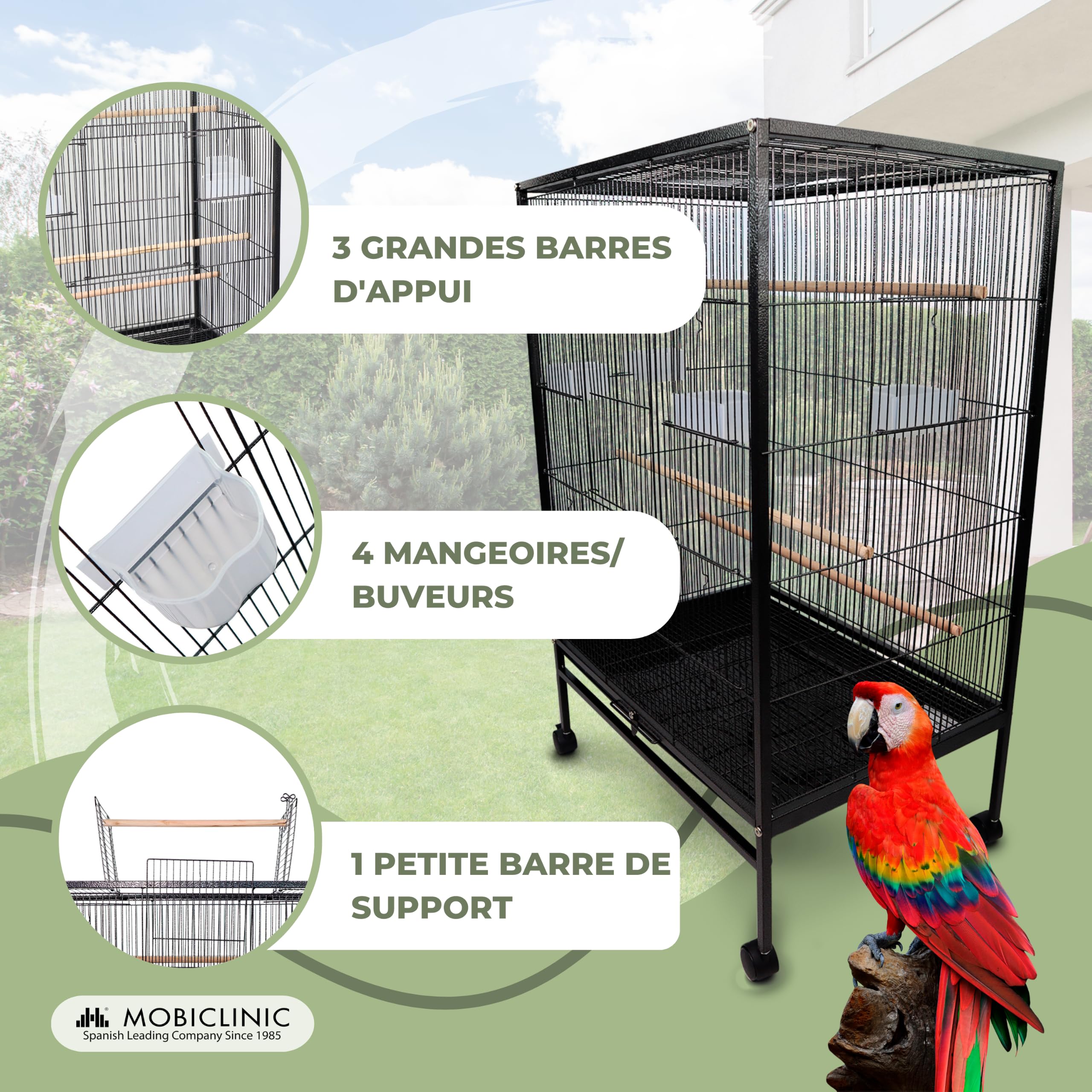 Mobiclinic Cage à Oiseaux XL 95x43x61.5 cm Roues de Transport Freins Ouverture Supérieure Plateau Amovible 8 Portes