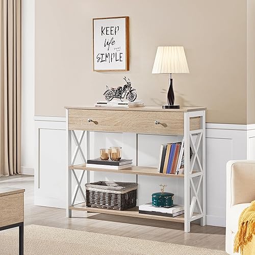 Miniatura 8 de Yaheetech - Mesa recibidor retro de 3 niveles con cajón para la entrada, alta con almacenamiento para sala de estar, mesa de sofá con cajón largo y