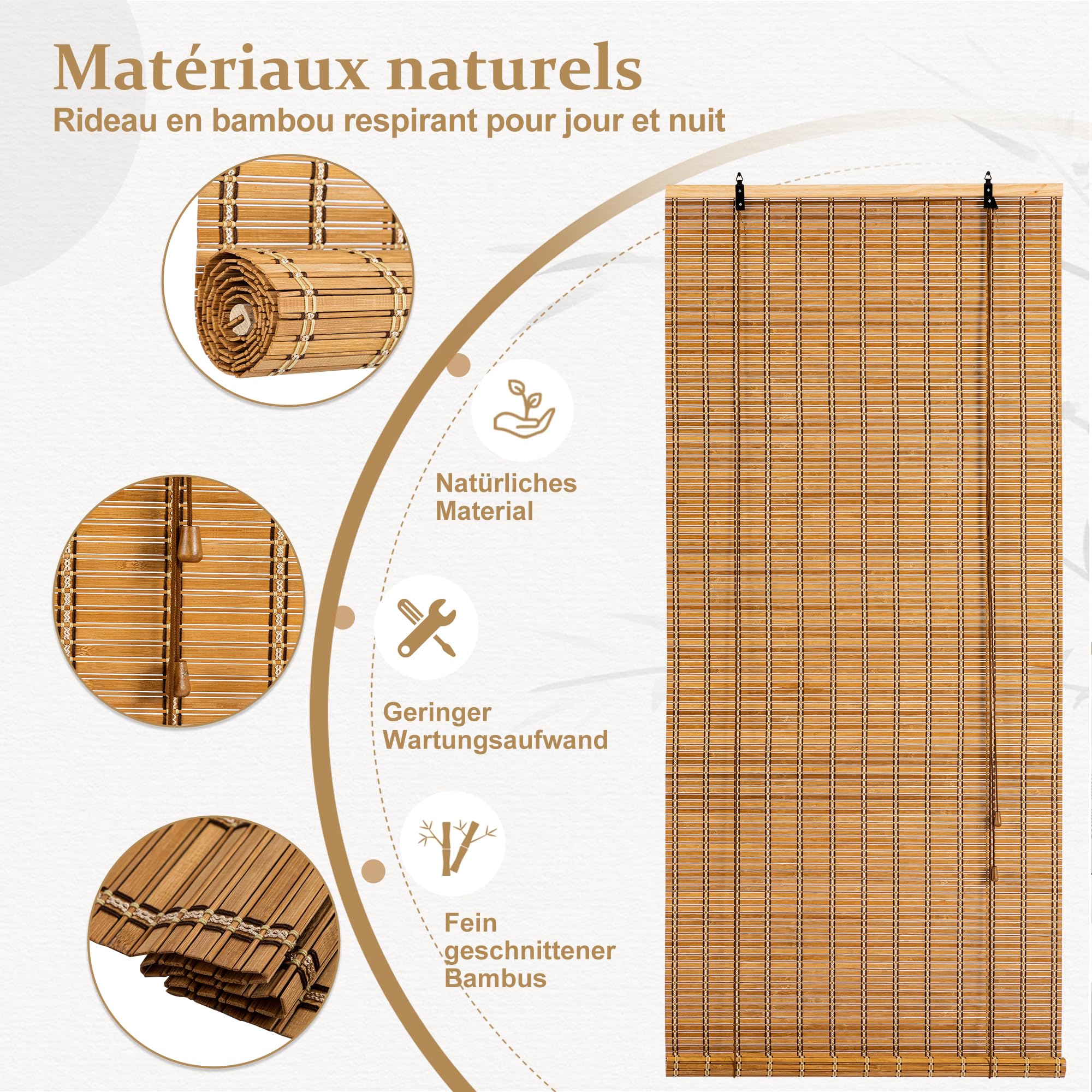 Store Occultant,Store Bambou Intérieur,Protection Solaire Protection visuelle Store à enroulement à tirage latéral pour Fenêtres et Portes,120x180 cm