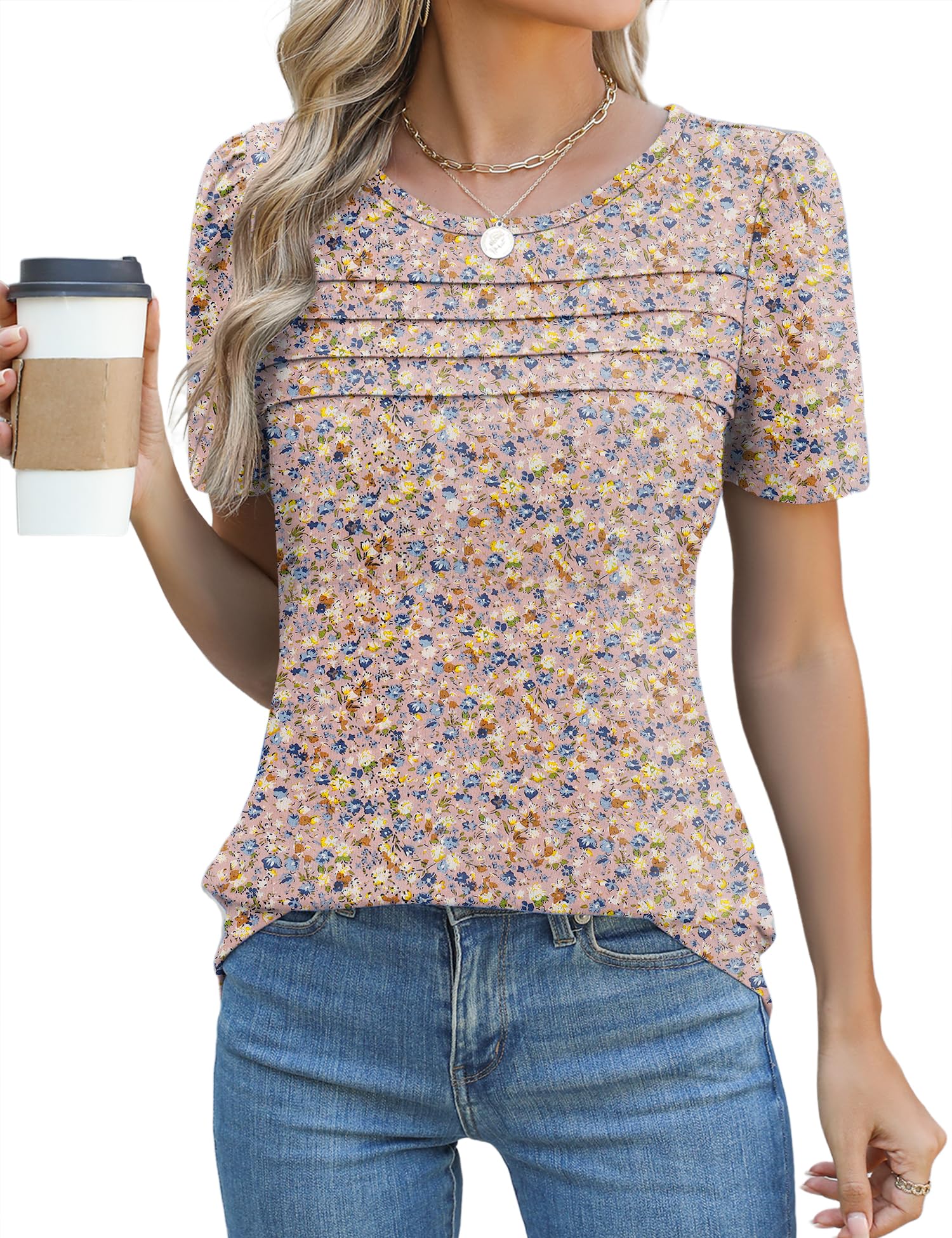 Rapbin Tshirt Damen Sommer Kurzarm Bluse Elegant Rundhals Mit Falten Oberteil Locker Puffärmel Blumen Lässig Tunika Tops 2026