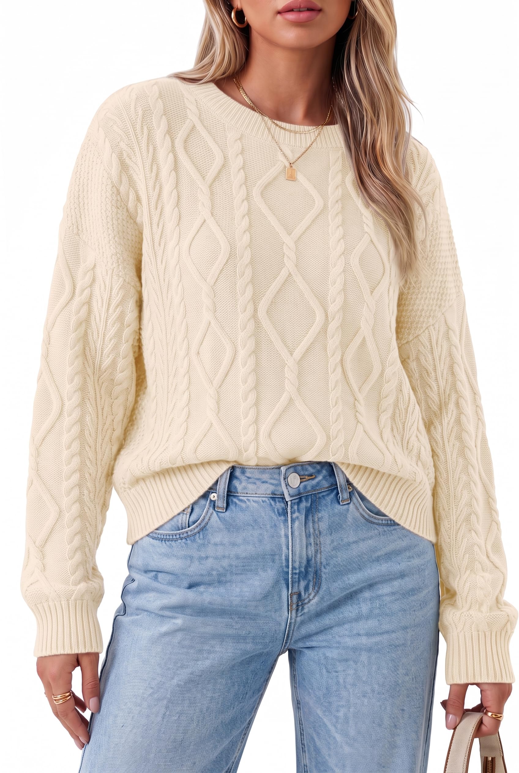 Arach&Cloz Pullover Damen 100% Baumwolle Kable Strickpullover Langarm Herbst Winter Rundhals Pulli Sweatshirt