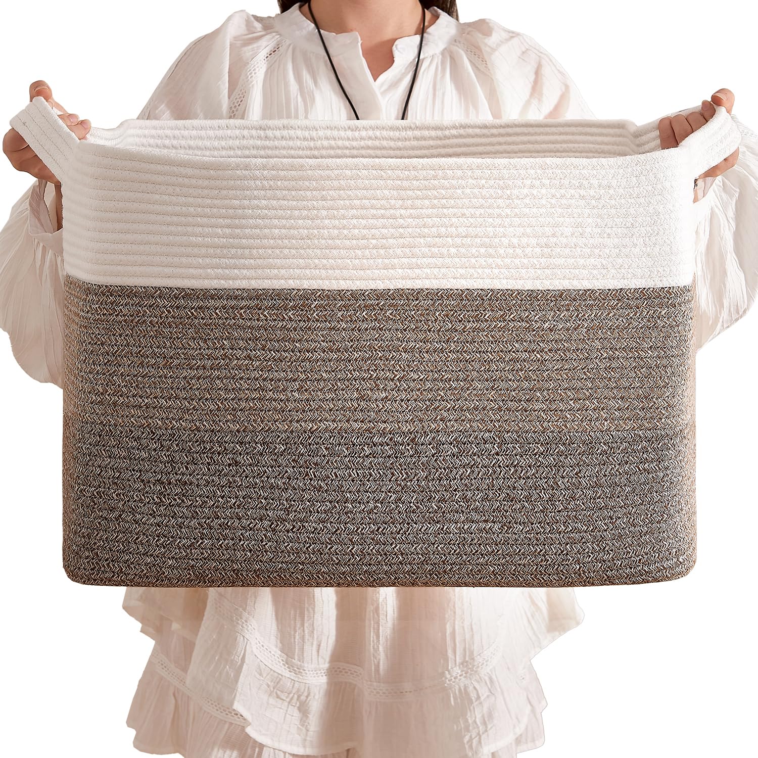 CLHMILY&Z Stylish Square Cotton Rope Storage Basket (Brown & White, 85L)