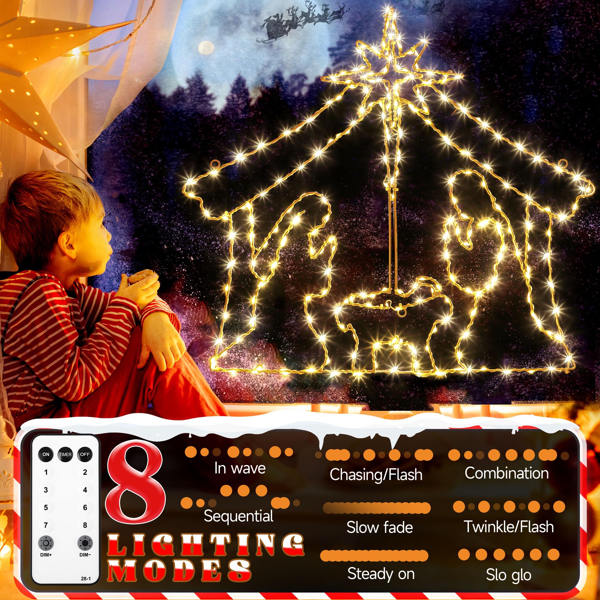 Luces de Navidad para ventana de 31 pulgadas, gran escena iluminada con 260 LED, estrella de Belén, luces de ventana de Navidad, enchufe para decoración de día festivo, al aire última