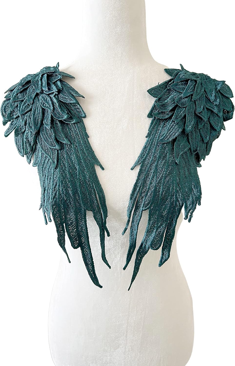 PEPPERLONELY1 Pair Embroidery Angel Wing Applique Sewing Flower Collar Patch for Wedding Party Gown Bridal Dress Clothes DIY Crafts, 16 x 5 Inches, Dark Green