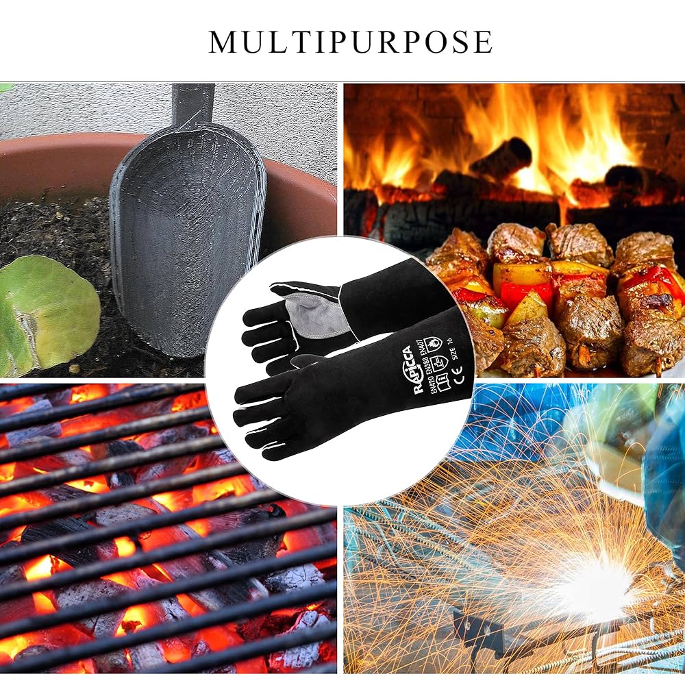 Fireplace Gloves Fire Heat Resistant: Dark-Grey 16IN 932u2109 - Fireproof Leather Fo