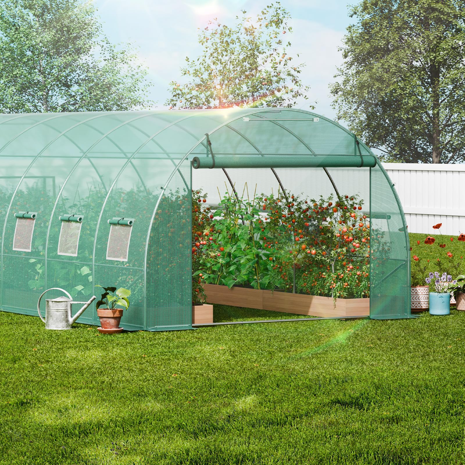 VEVOR Invernadero Túnel 590x295x198 cm Carpa Refugio para Plantas con Estructura de Acero Galvanizado Cubierta de PE Puerta Enrollable con Cremallera 12 Ventanas para Cultivo de Verduras Flores, Verde