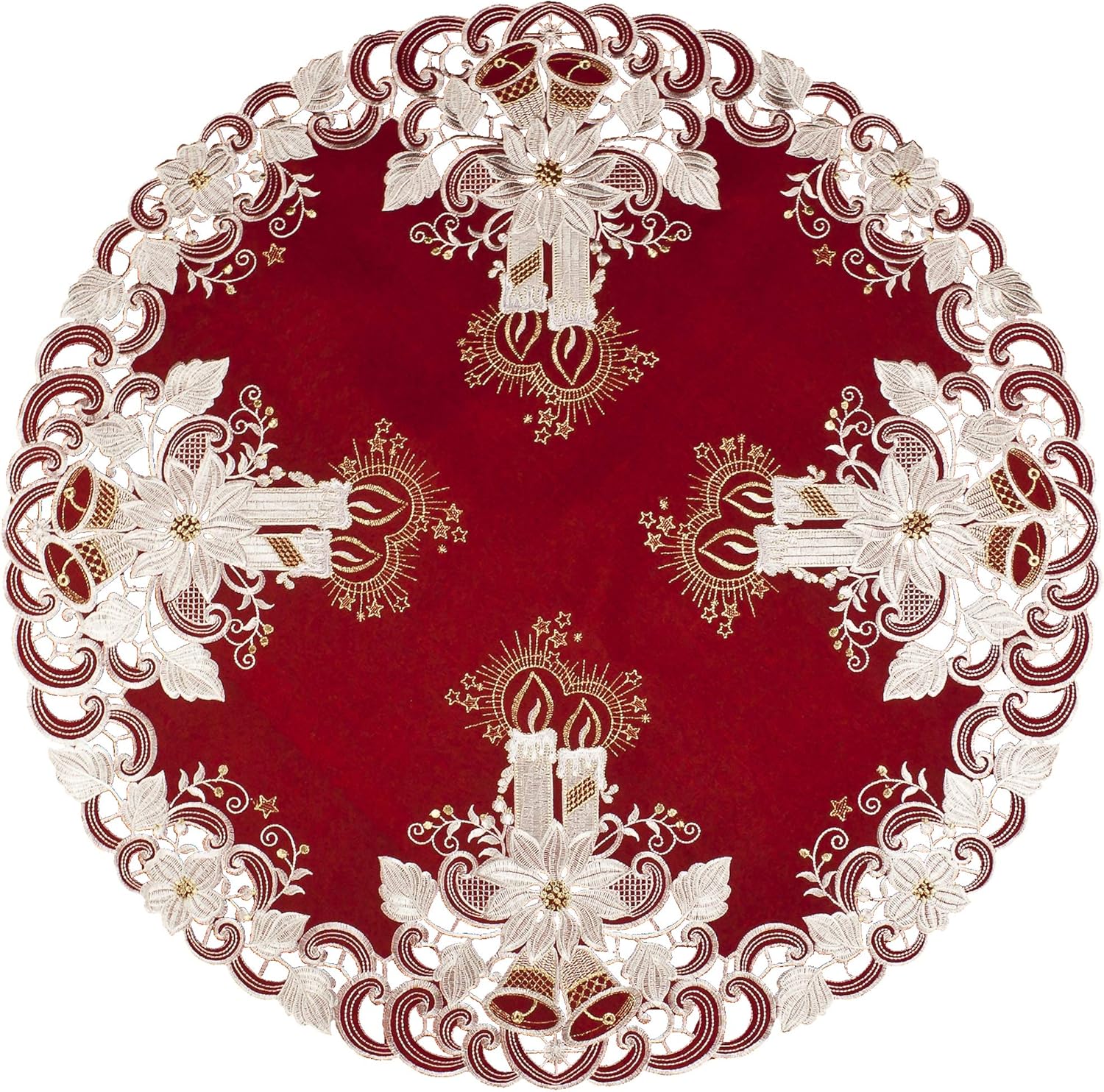 Lovely Christmas Candles Bells and Poinsettia Table Topper, Small Tablecloth, Large Doily (34 Inch Round)