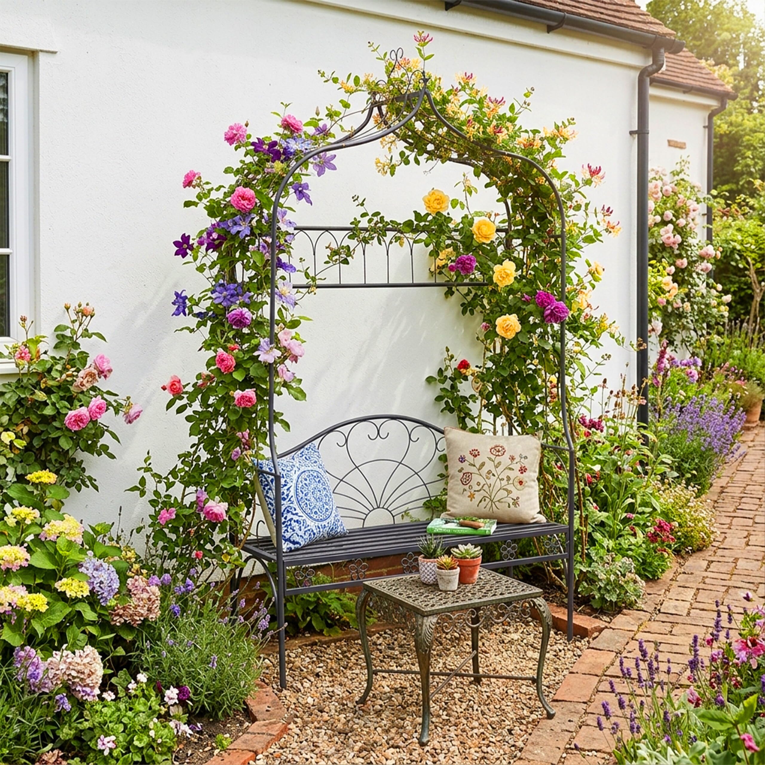Relaxdays Arche à Roses avec Banc, métal, pour Jardin, H x L x P : 220 x 122 x 43 cm, Arche Stable pour grimpantes, Noir