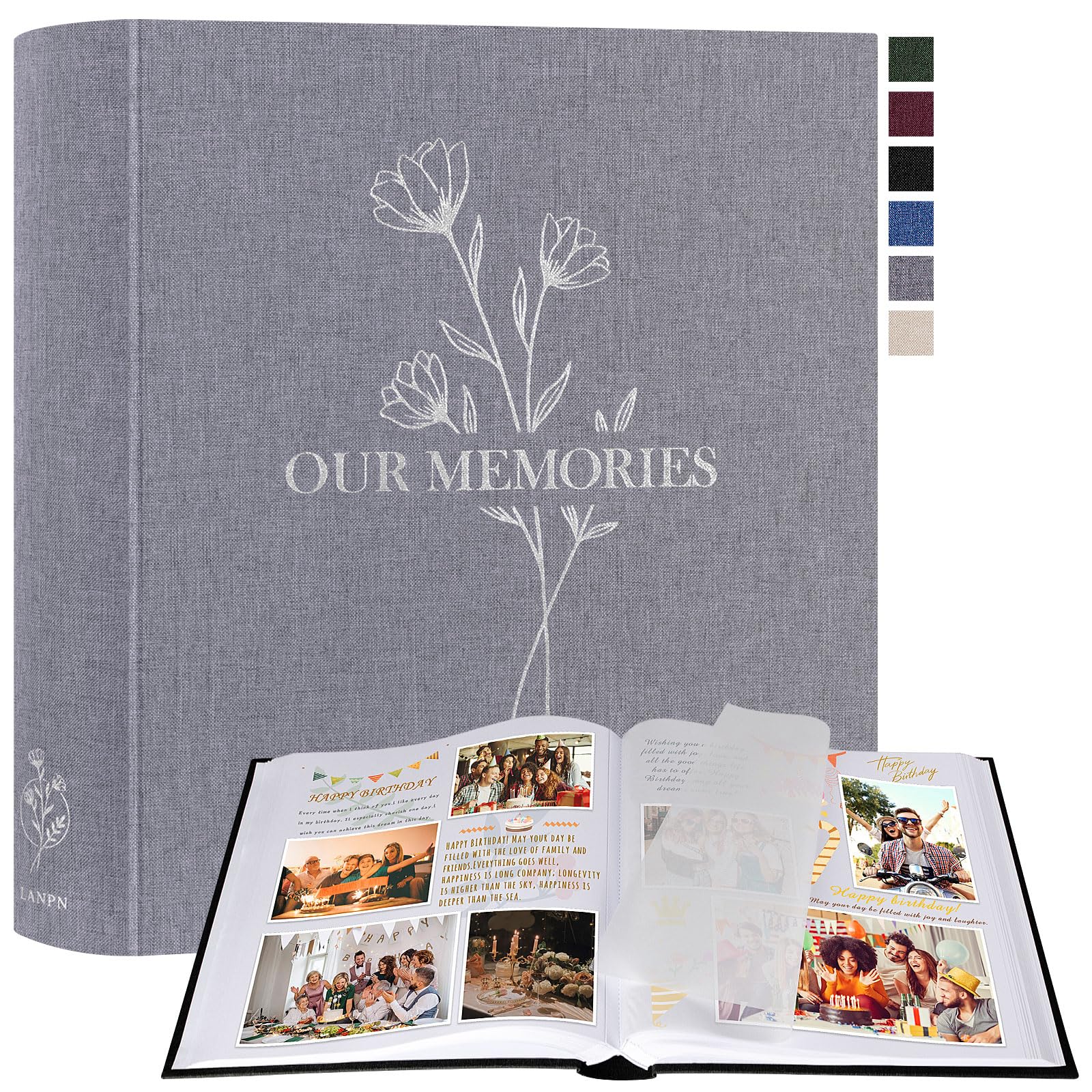 Lanpn Fotoalbum zum Selbstgestalten Einkleben, Großes OUR MEMORIES Leinen Fotobuch 160 weißen Seiten mit Pergamin Trennblätter Fasst 9x13 10x15 13x18cm Fotos (30x33,5 cm, Grau)