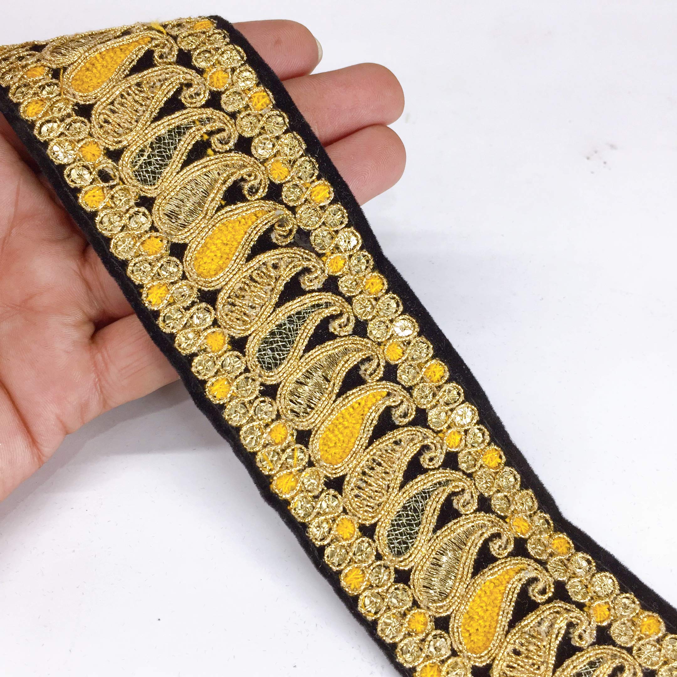 Lami 9 Meter Yellow Moti Work Saree Lace Border, with Golden Jari / Zari Broder, Hand Moti Work, Design Saree Border Lace, Bridal Lehenga Lace, Ribbon, Dupatta Lace, Indian Trimmings, Fancy Ribbons