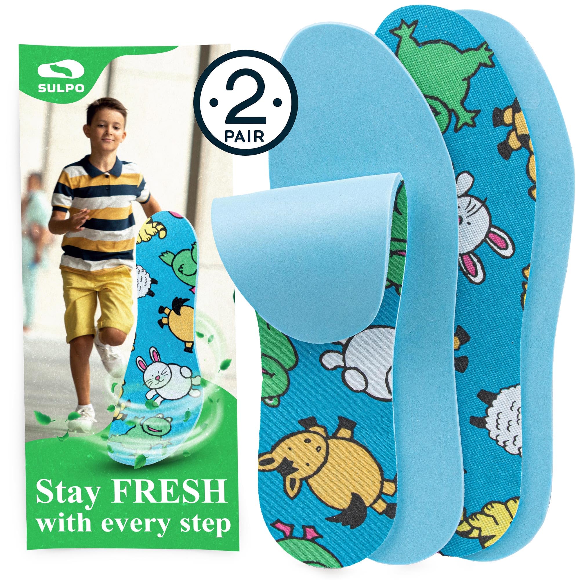 SULPO 2 paires de semelles intérieures pour enfants avec dos en latex et coton - semelles souples pour chaussures scolaires, cha
