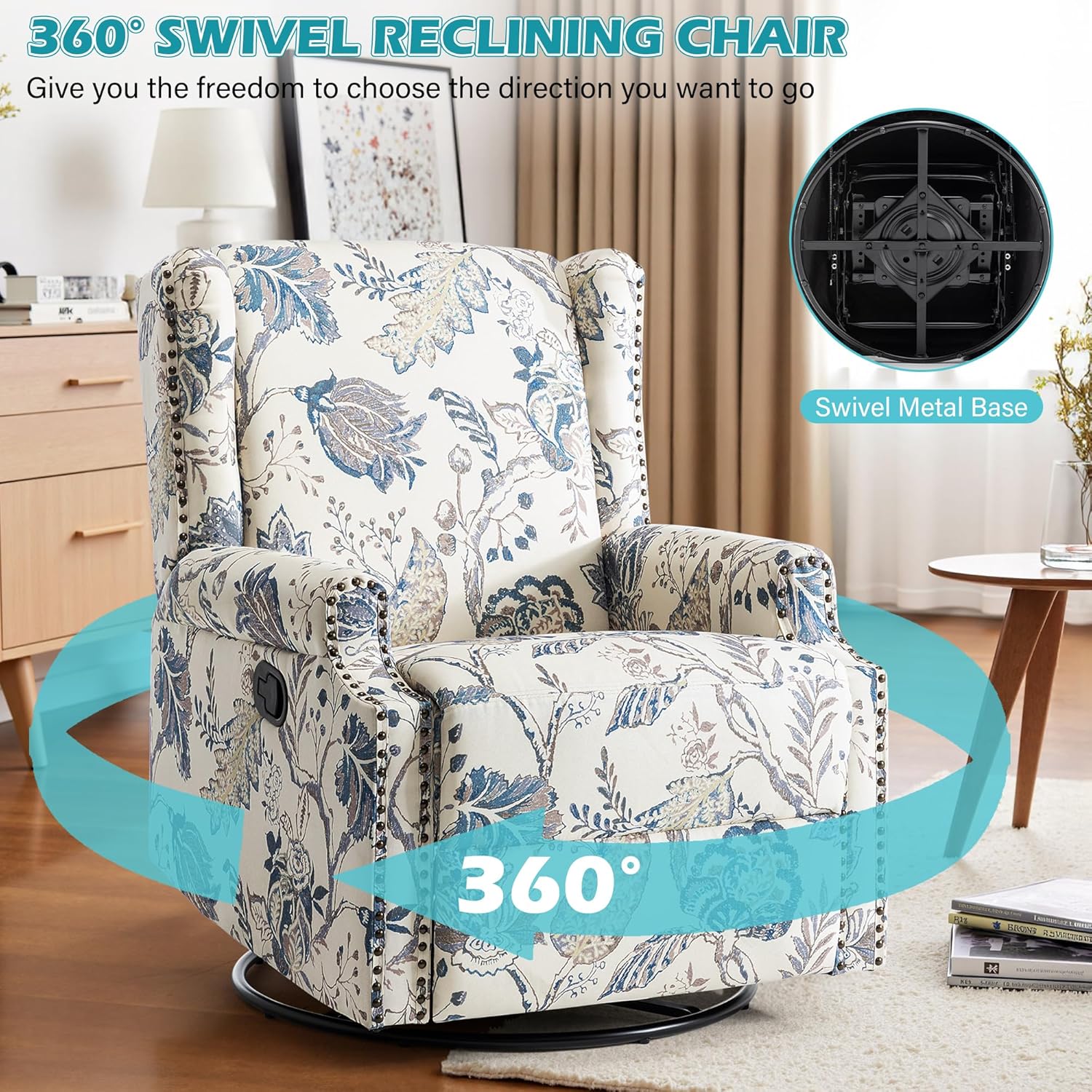 UIXE Swivel Glider Floral Recliner Chair, High Back Swivel Rocker Fabric Accent Chair for Living Room, Rivet Trim Upholstered Armchair Manual Sofa Seating - Plants Blue