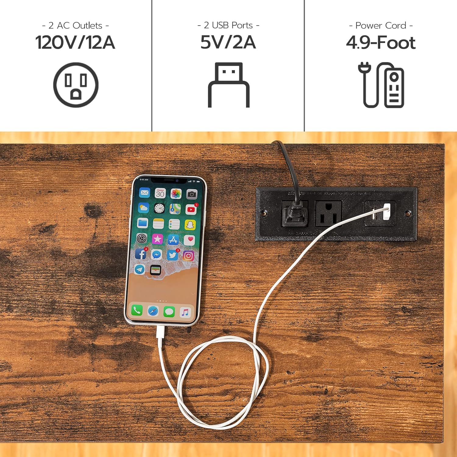 HOOBRO 47.2" Console Table with Power Outlets and USB Ports, Sofa Narrow Entryway Table with Charging Station, Behind Couch Table, Hallway, Foyer, Living Room, Bedroom, Rustic Brown BF301XG01G1