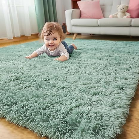 Sage Green Rugs for Bedroom Living Room Aesthetic, Fluffy Furry Area Rug 5x8 for Nursery, Classroom, Teen Boys, Baby Kids Room Decor, Cute Shaggy Carpet for Playroom Dorm, Fuzzy Plush Light Mint Rug