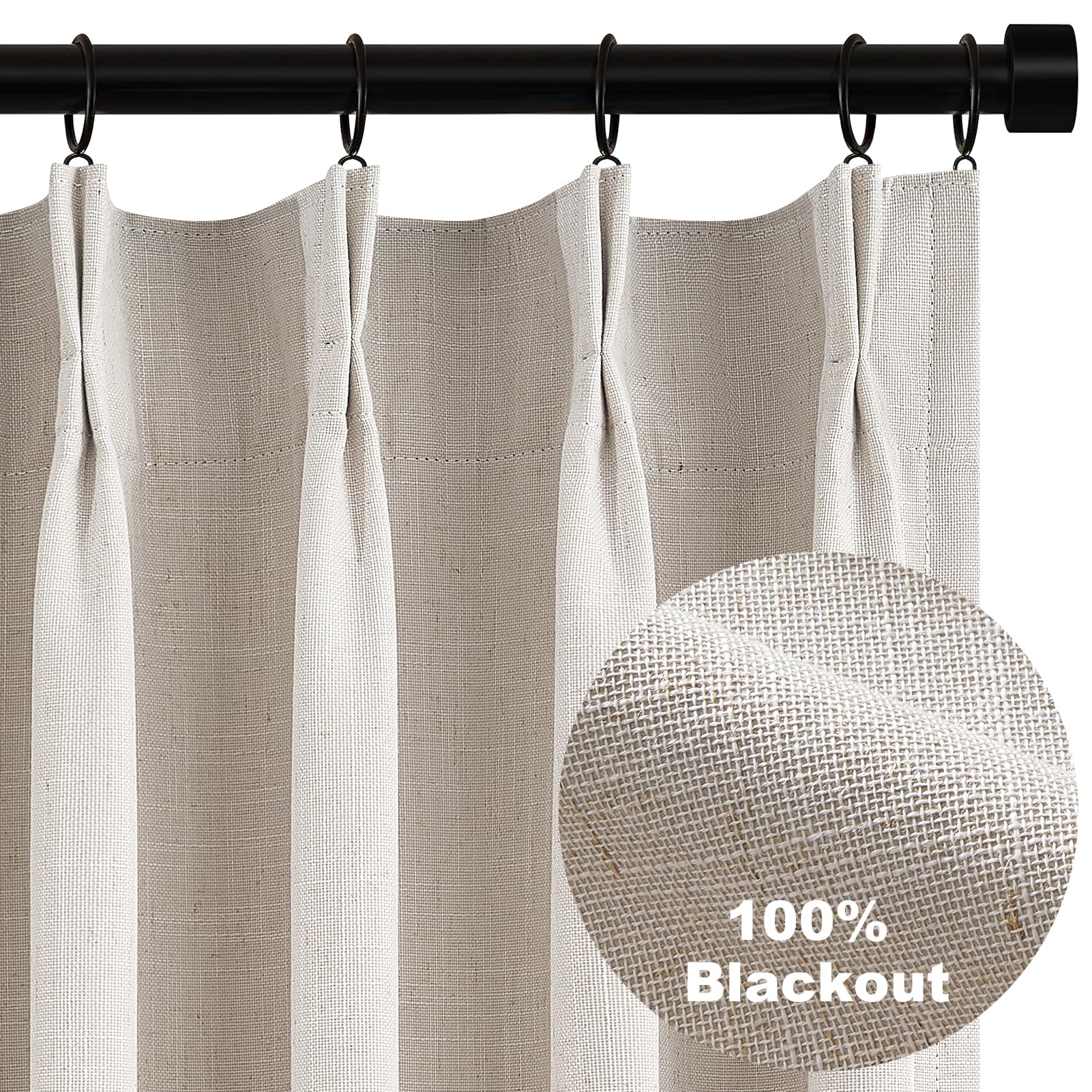 Topfinel 90 Inches Long Full Blackout Linen Curtains for Bedroom, Oatmeal Pinch Pleated Sound Block Curtains, Beige Decorative Elegant Farmhouse Lined Drapes 2 Panels Set for Living Room Sliding Door