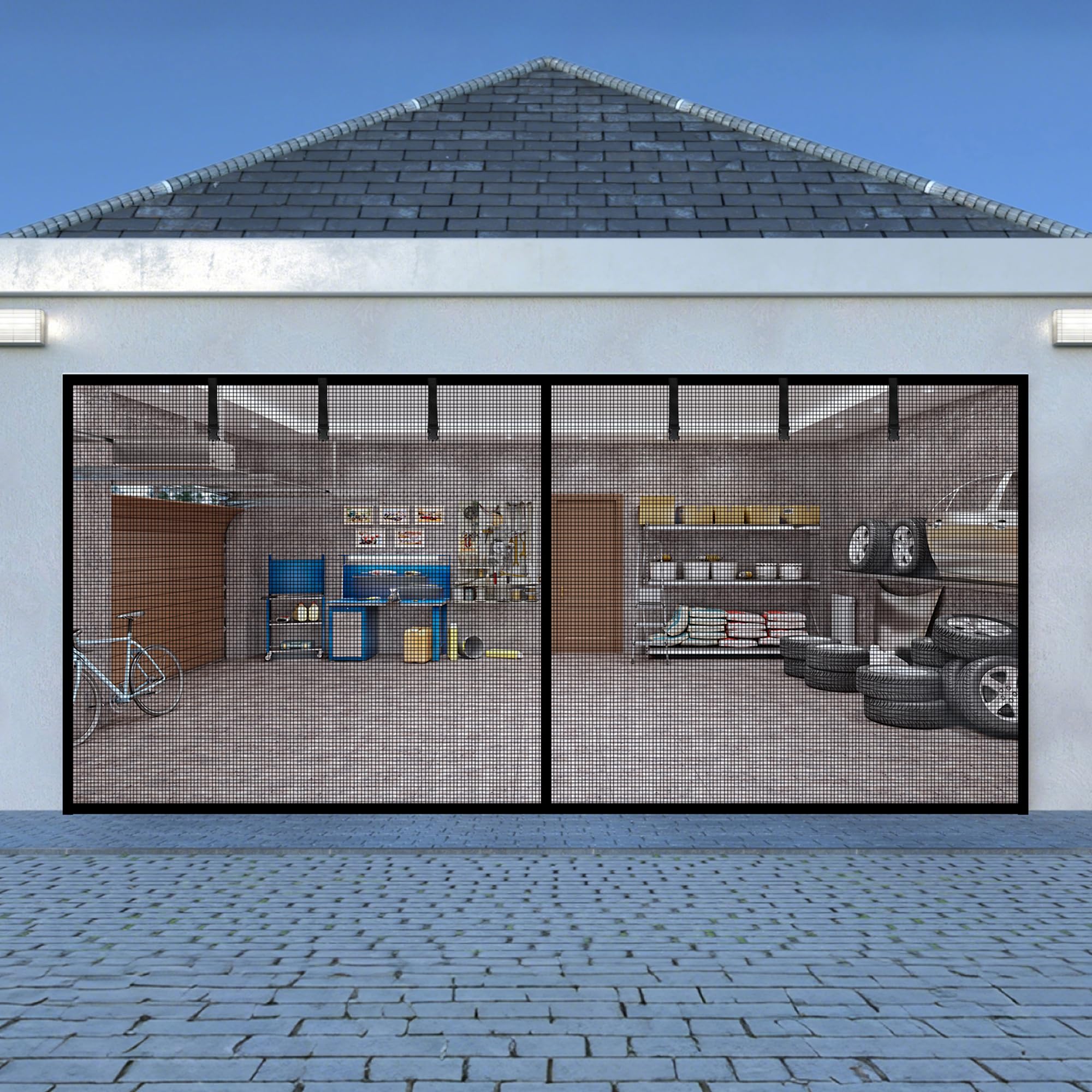 LIAMST Garage Door Screen for 2 Car Garage Door-16x7FT Reinforced Fiberglass Garage Screen, Magnetic Garage Screen Door