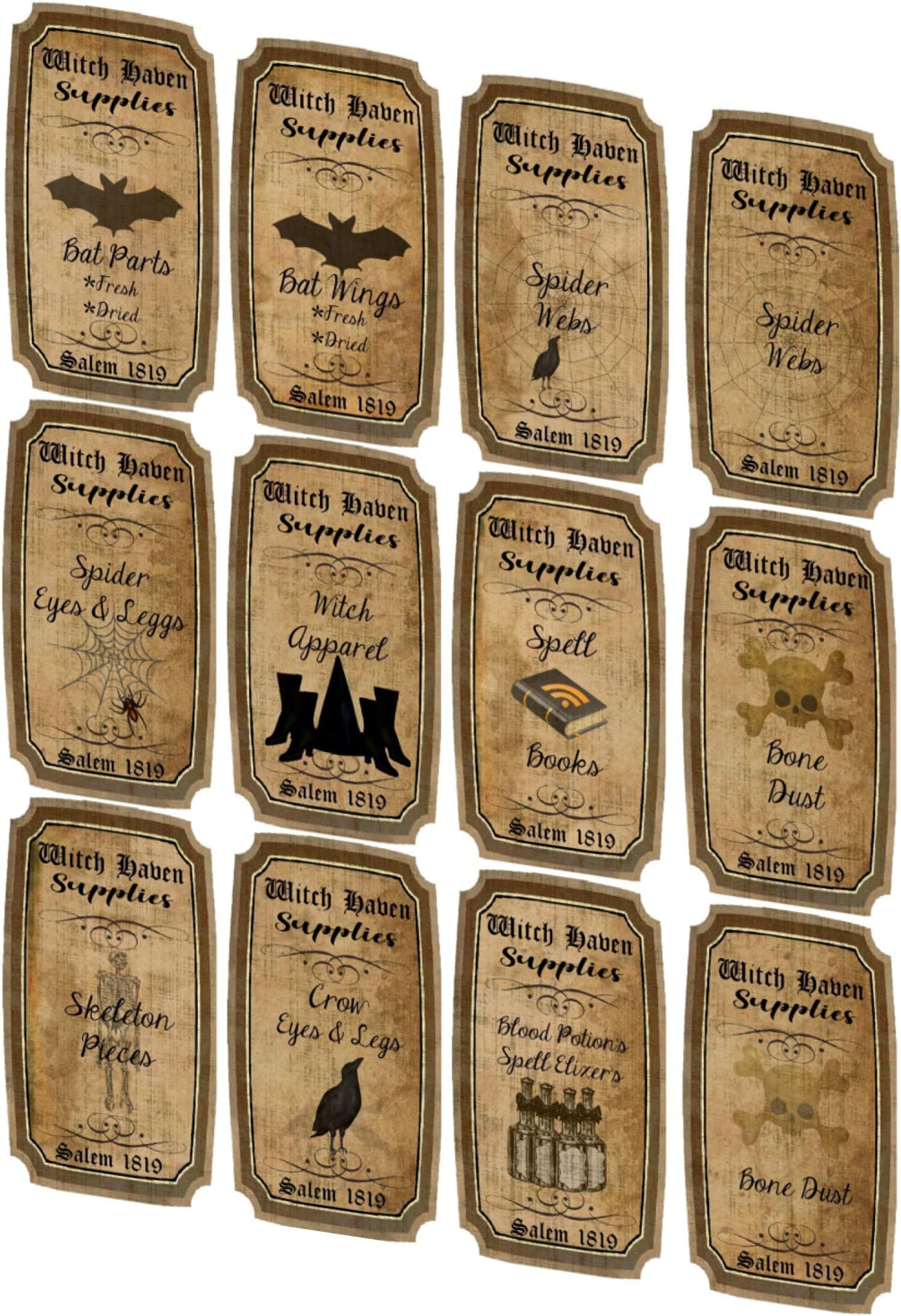 Halloween witchcraft potion spells 12 laminated bottle labels set 2