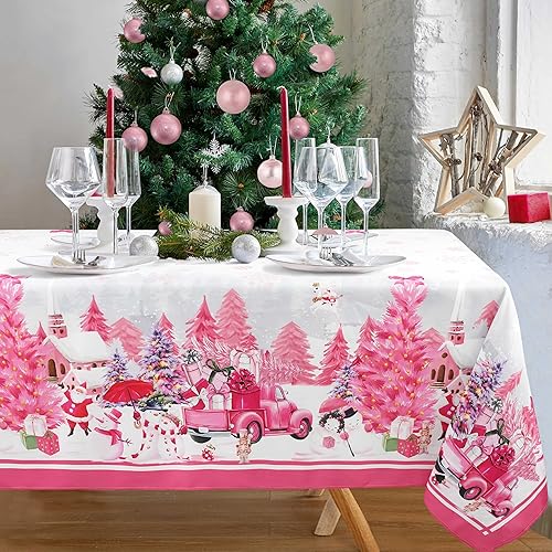 Bkyedsa Christmas Tablecloth Rectangle 60" x 84" - Pink Christmas Tree Santa Snowm and Truck Christmas Table Cloth Decorations Table Cover for Home Kitchen Dinning Party
