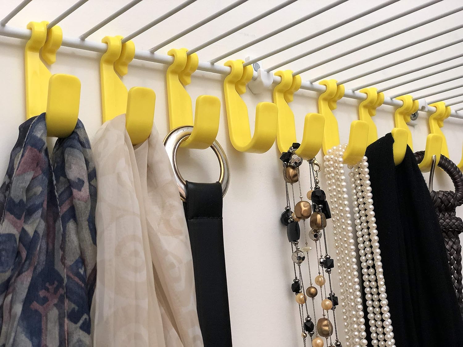 Snap on Hook, Box of 8 Yellow Hooks for Accessories, Belts, Scarves, Clothes & Jewelry. Add-On Hook for Wire Shelves in Closets. Easy Installation in Back Against The Wall, Package of 8