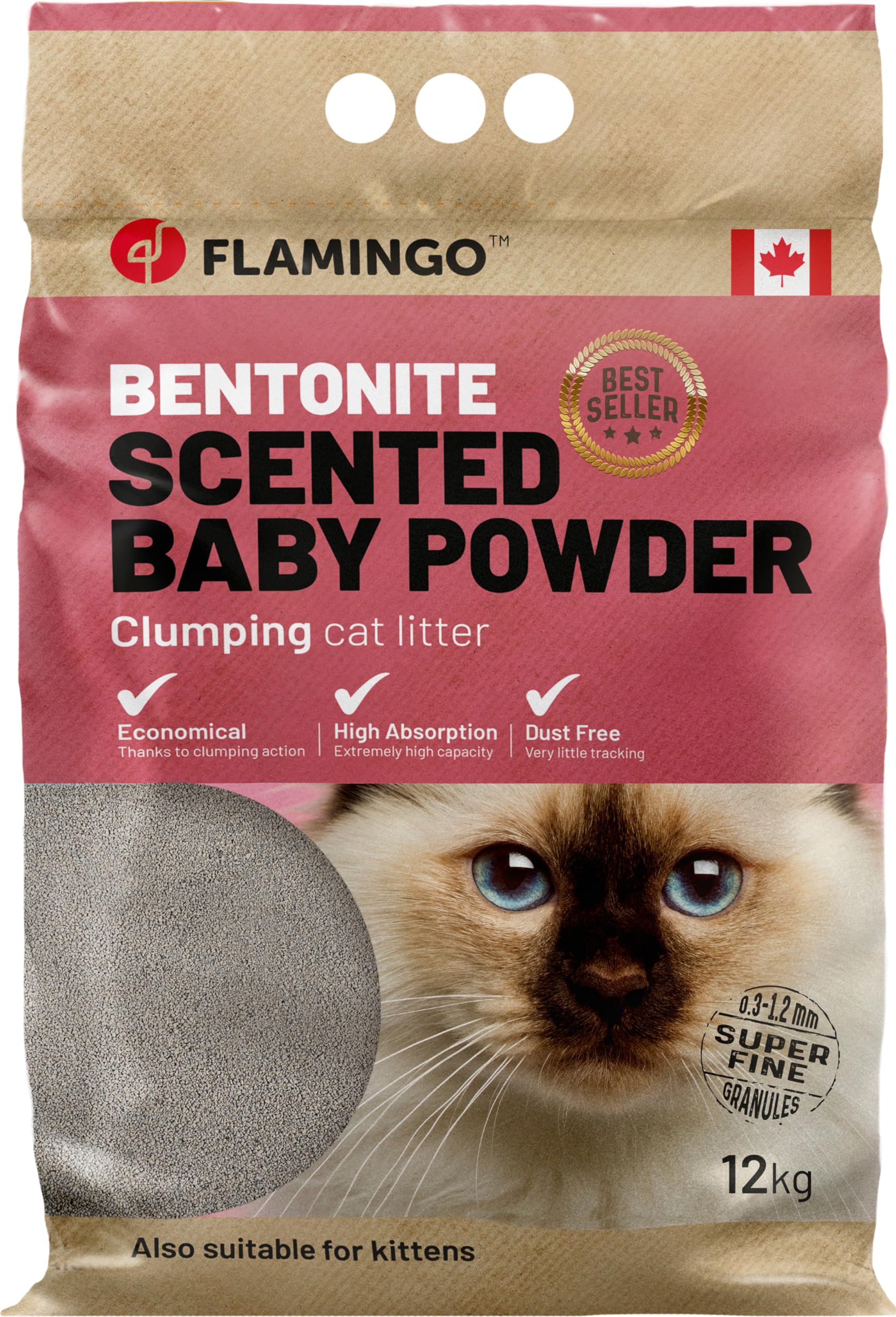 Flamingo Arena higiénica para Gatos Bentonita con Polvos bebés Gránulos Finos Aglutinante 12kg - Origen Canadá - 12KG Dura 12 semanas - Muy Duradero - súper económico