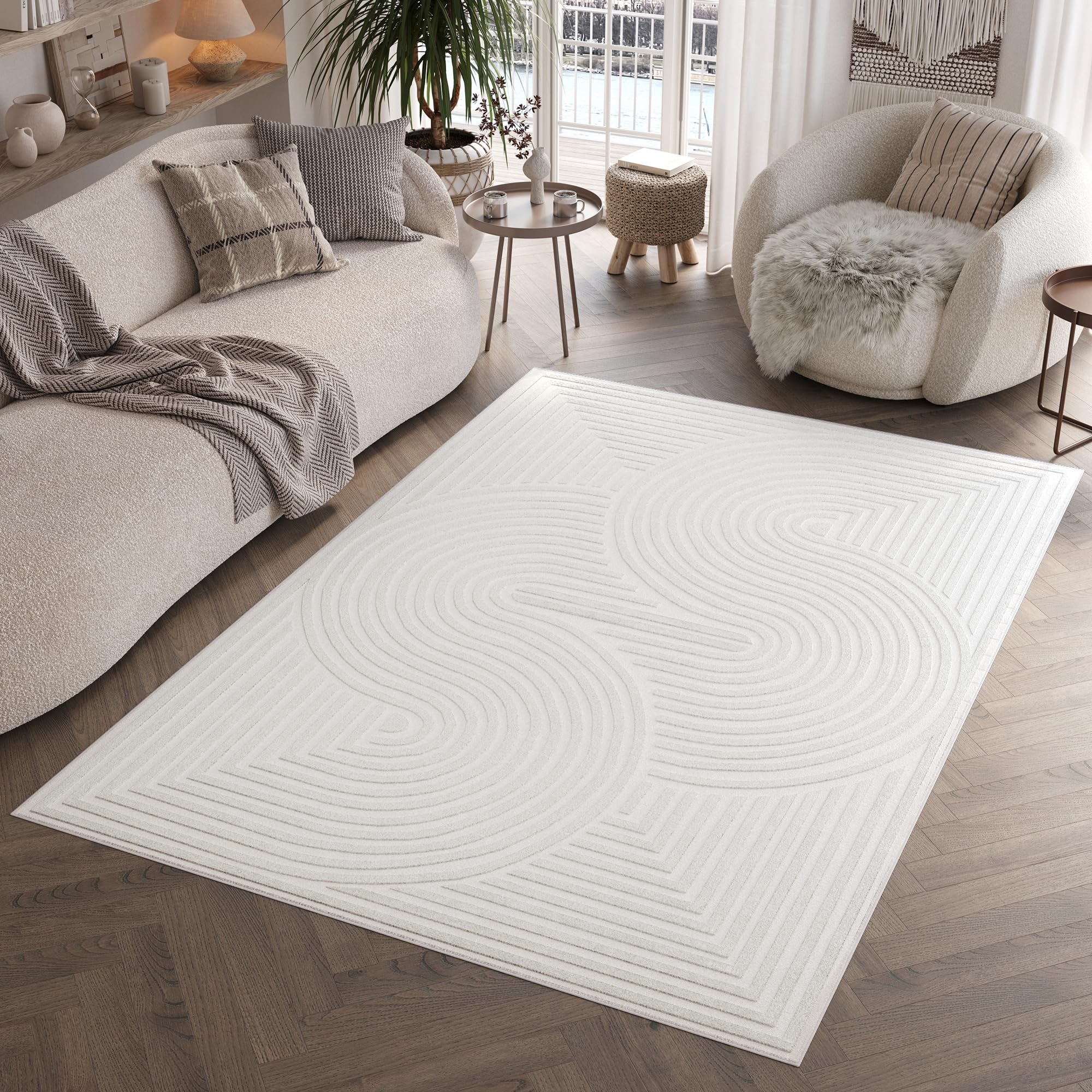 TAPISO Hygge Tapis Poils Courts Moderne Crème Blanc Vagues Rayé en Relief Aspect 3D Tapis Salon Chambre Adulte Salle à Manger Oeko-TEX 160 x 220 cm