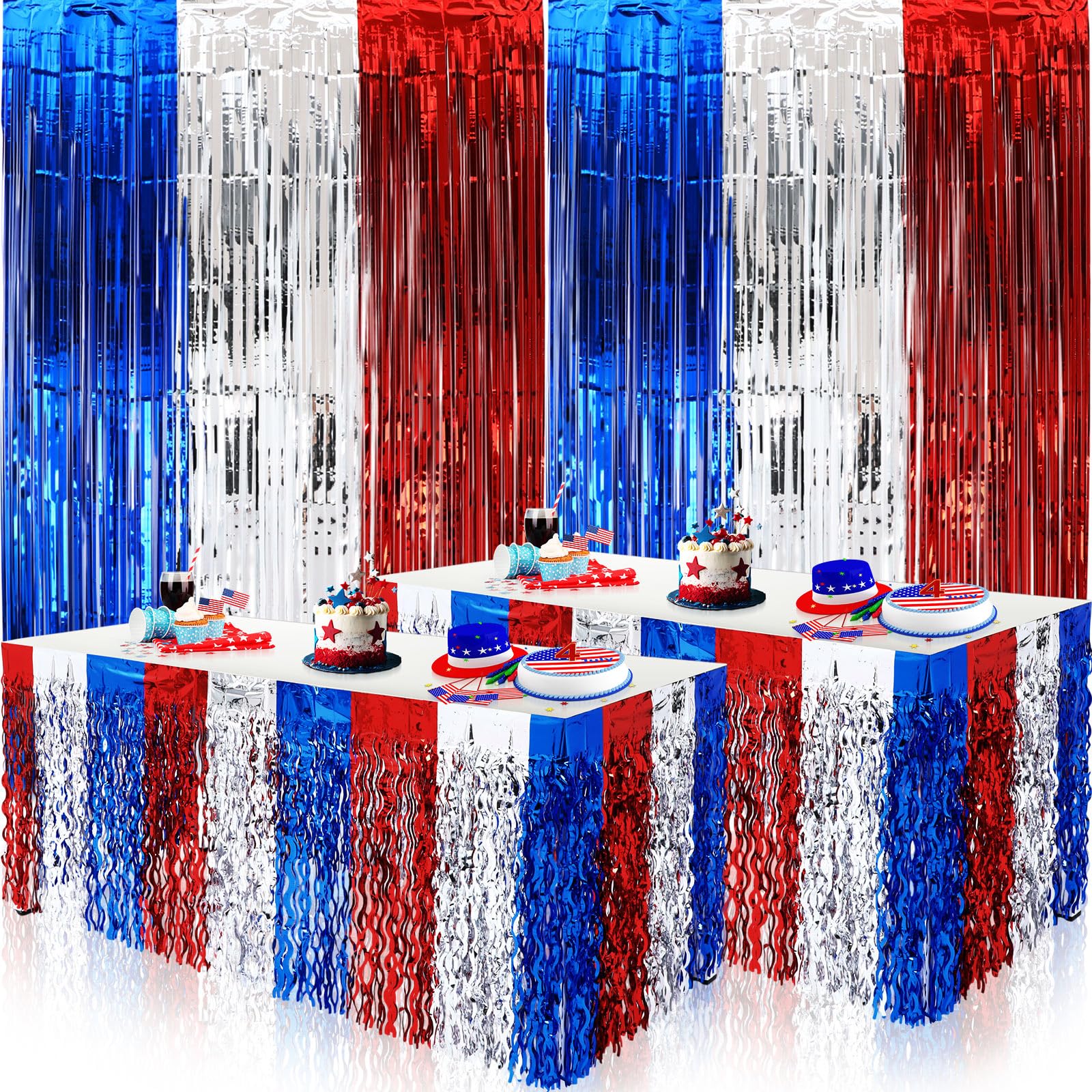 Mindsoft 4 Pack 4th of July Decorations Red White and Blue Foil Fringe Curtain Background Patriotic Table Skirts Independence Day Tinsel Backdrop for