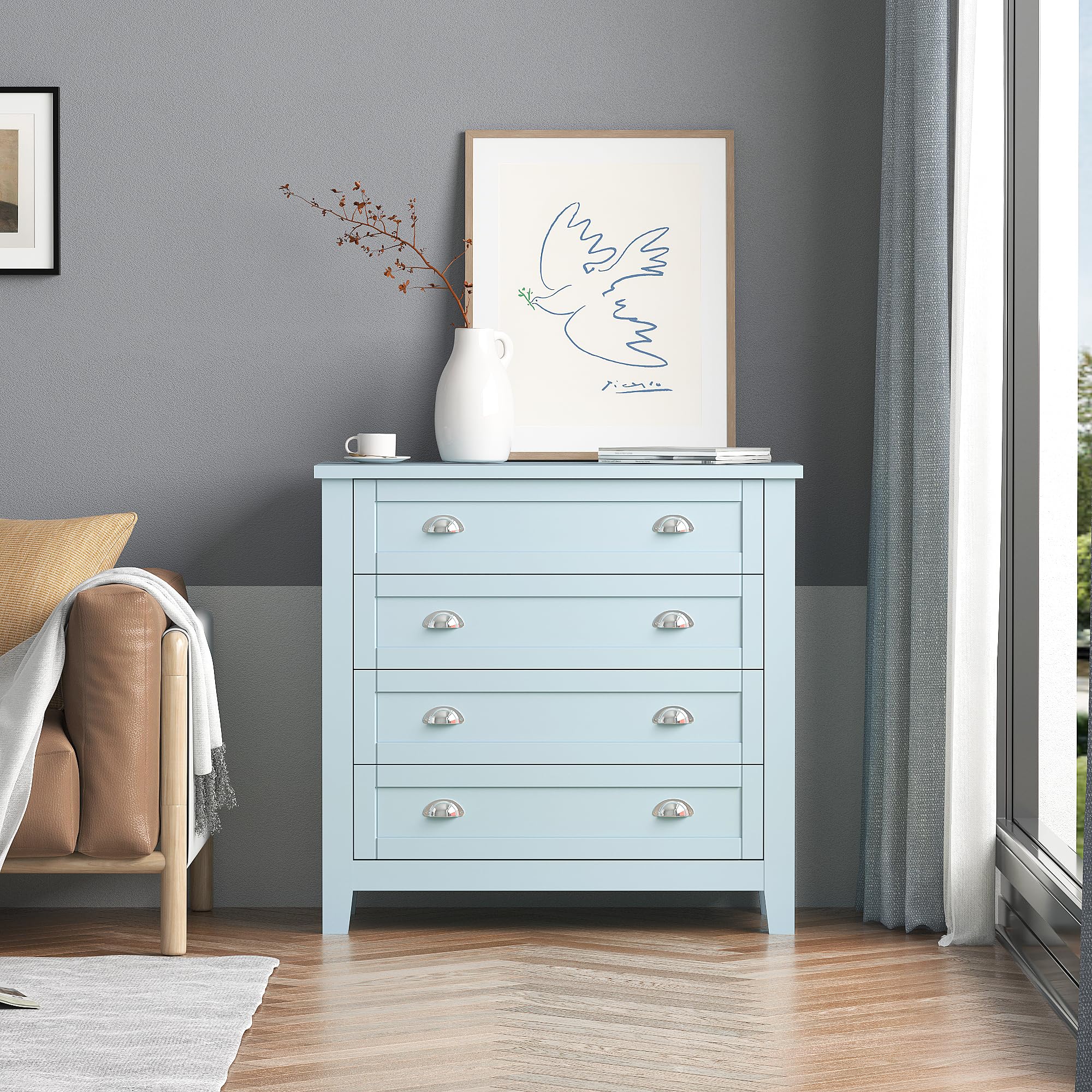 Dresser for Bedroom with 4 Drawers, Chest of Drawers with Solid Wood Frame Bedroom Dressers Buffet Sideboard with Drawers for Dining Room,Living Room and Kitchen Corridor Blue-Gray