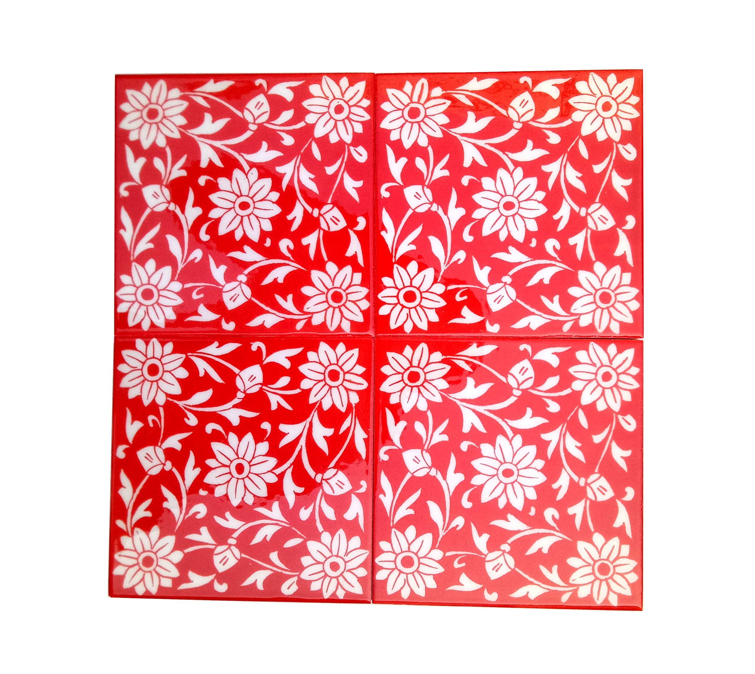 Shiv Kripa Blue Pottery Home Decor Tile Ceramic High Lighter Wall Bathroom Tiles 6 x 6 Inch Set of 4 Tiles (Red & White)-image-10