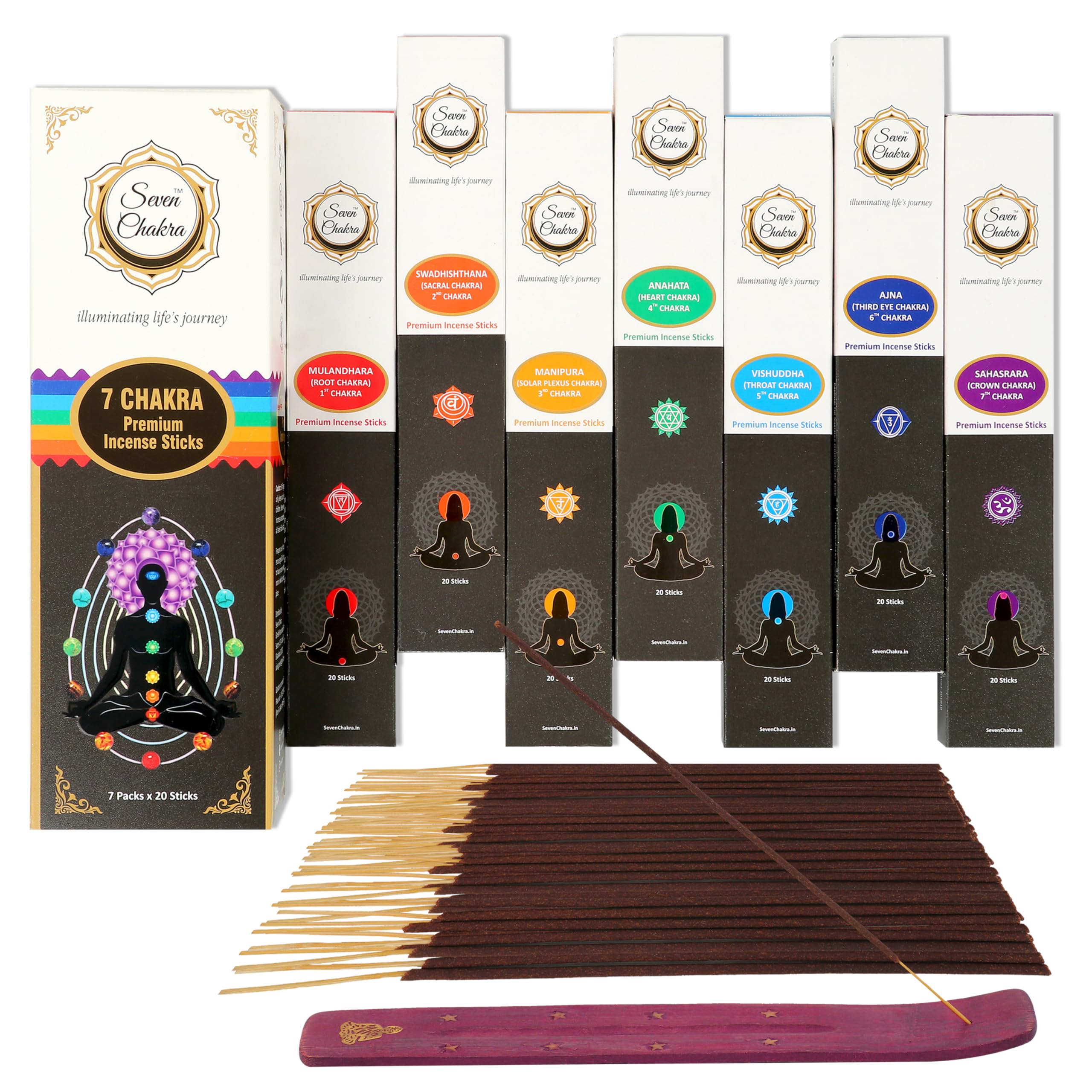SEVEN CHAKRA Sampler Incense Sticks, Handmade Agarbatti | Lasting 60 Minutes Each, Suitable for Meditation Yoga Reiki Healing Aromatherapy Energy Cleansing (20 Sticks x 7 Chakras), Standard, Natural