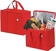 VENO Insulated Grocery Bags for Food Delivery Foldable Reusable Food Delivery Bags with Zipper Foldable Sturdy Stand Up Bags (2 Pack) (Red)