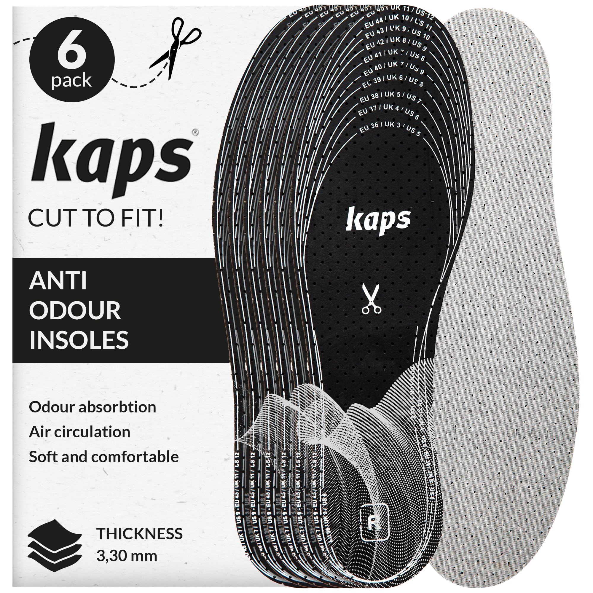 6 Pair Pack Anti Odour Shoe Insoles Set with Odor Eating Charcoal | Shoe Inserts | Kaps Odour Stop | Cut to Size
