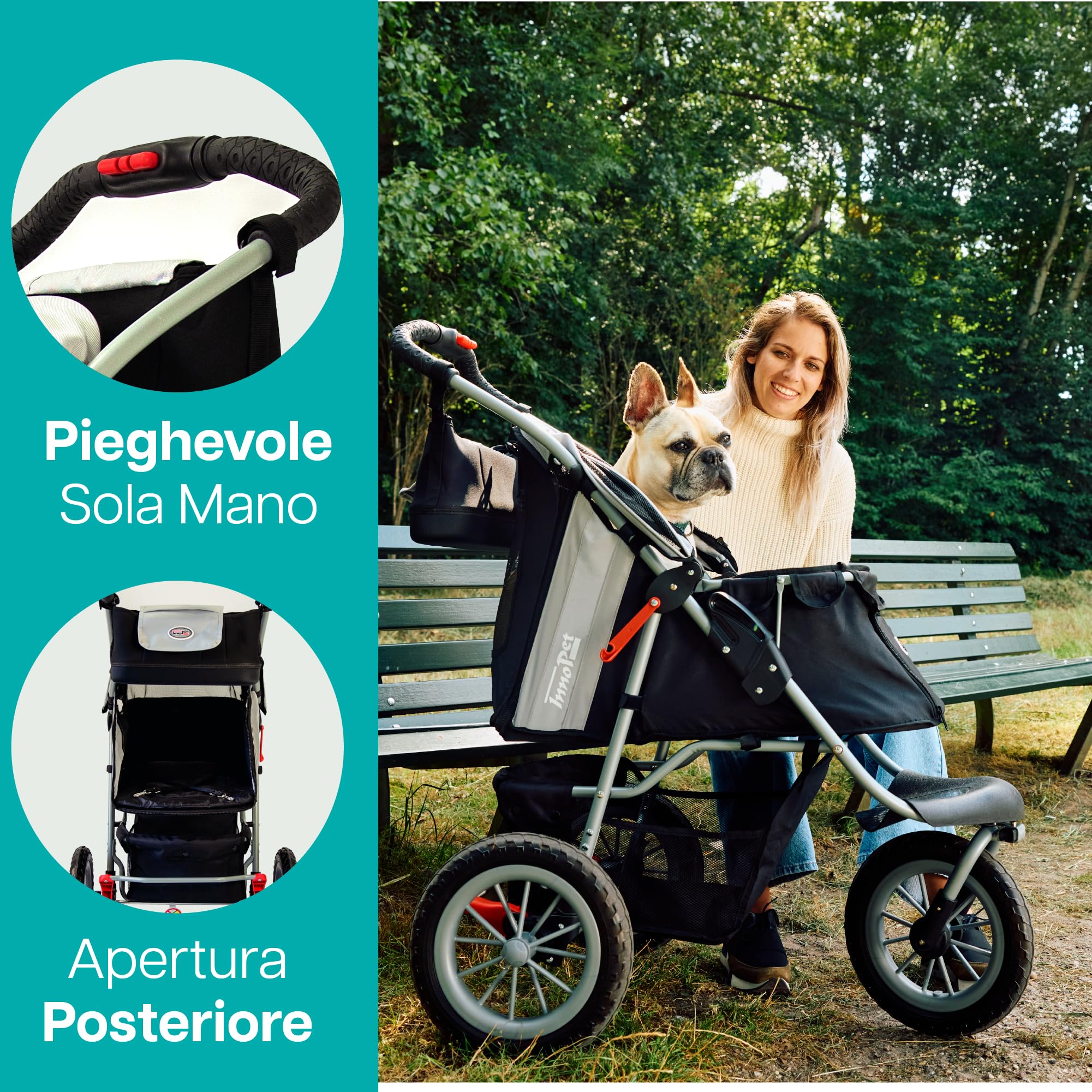 Innopet Comfort Efa Eco Nero/Argento - Passeggino per cani e gatti pieghevole con una sola mano, ruote antiforatura, capacità di 25 kg - Cestello portaoggetti e design a 3 ruote facile da installare