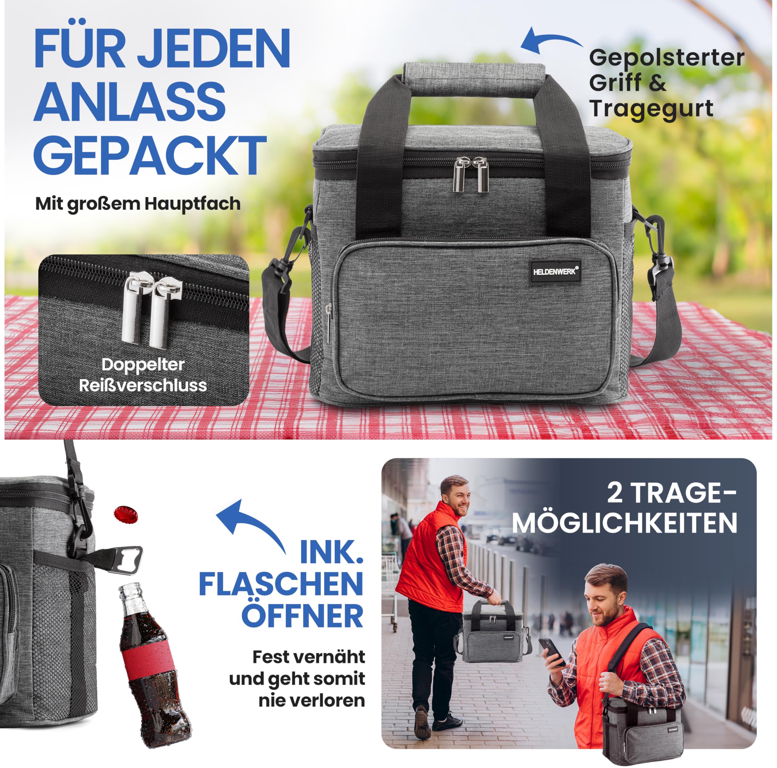 HELDENWERK Borsa termica piccola e pieghevole, 10 l, termica isolata, per cibo e bevande, impermeabile e a prova di perdite, borsa da picnic, borsa frigo, borsa per la colazione, borsa per il pranzo