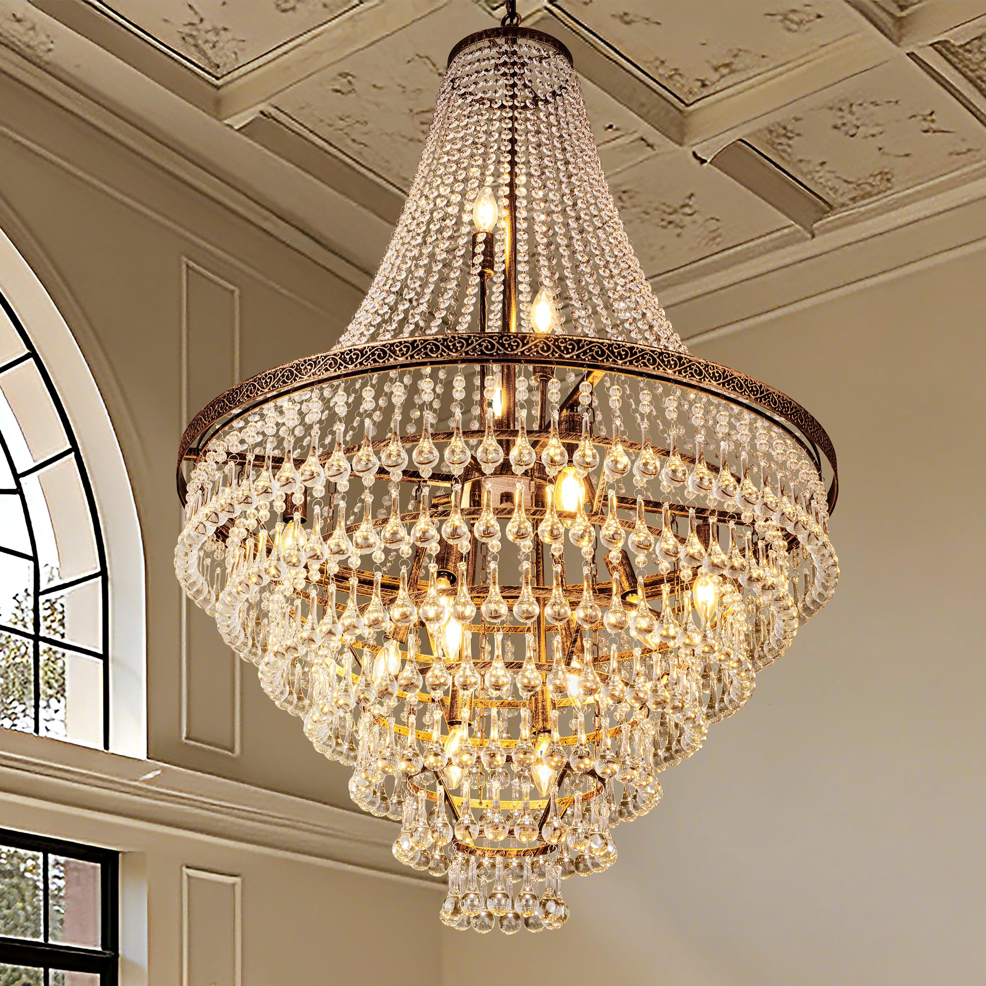 Photo 1 of Wellmet French Empire Crystal Chandeliers, Antique Bronze Chandeliers 13 Lights, Rustic Farmhouse Chandelier High Ceiling Light Fixture for Entryway, Foyer, Dining Room, Staircase, 34" W