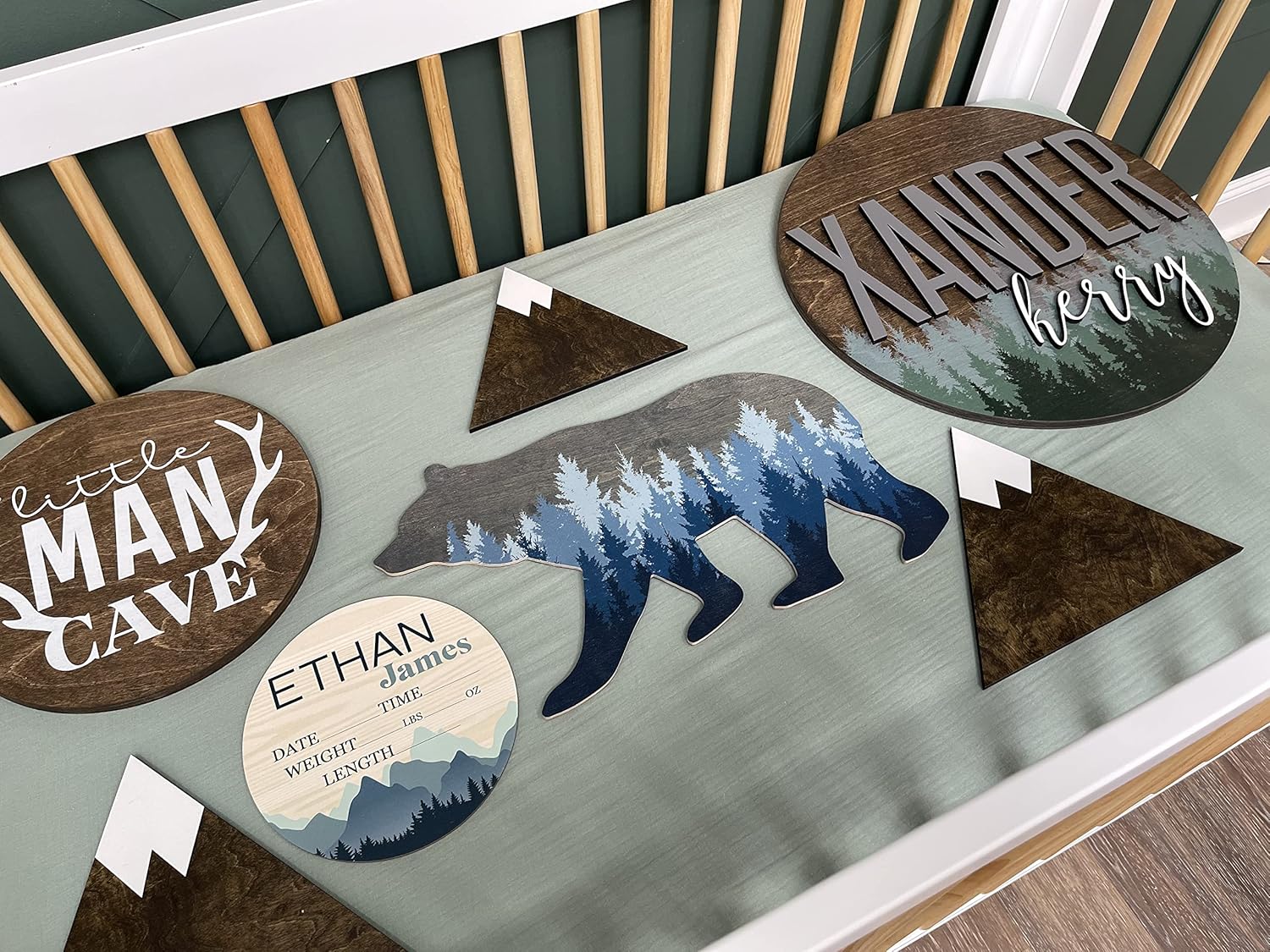 Forest Bear Wall Sign, Adventure Woodland Theme, Rustic Nursery Decor, Man Cave Home Bedroom Cabin Office House Art Decorations, Hickory Hollow Designs… (Grey/Blue Pine Trees)