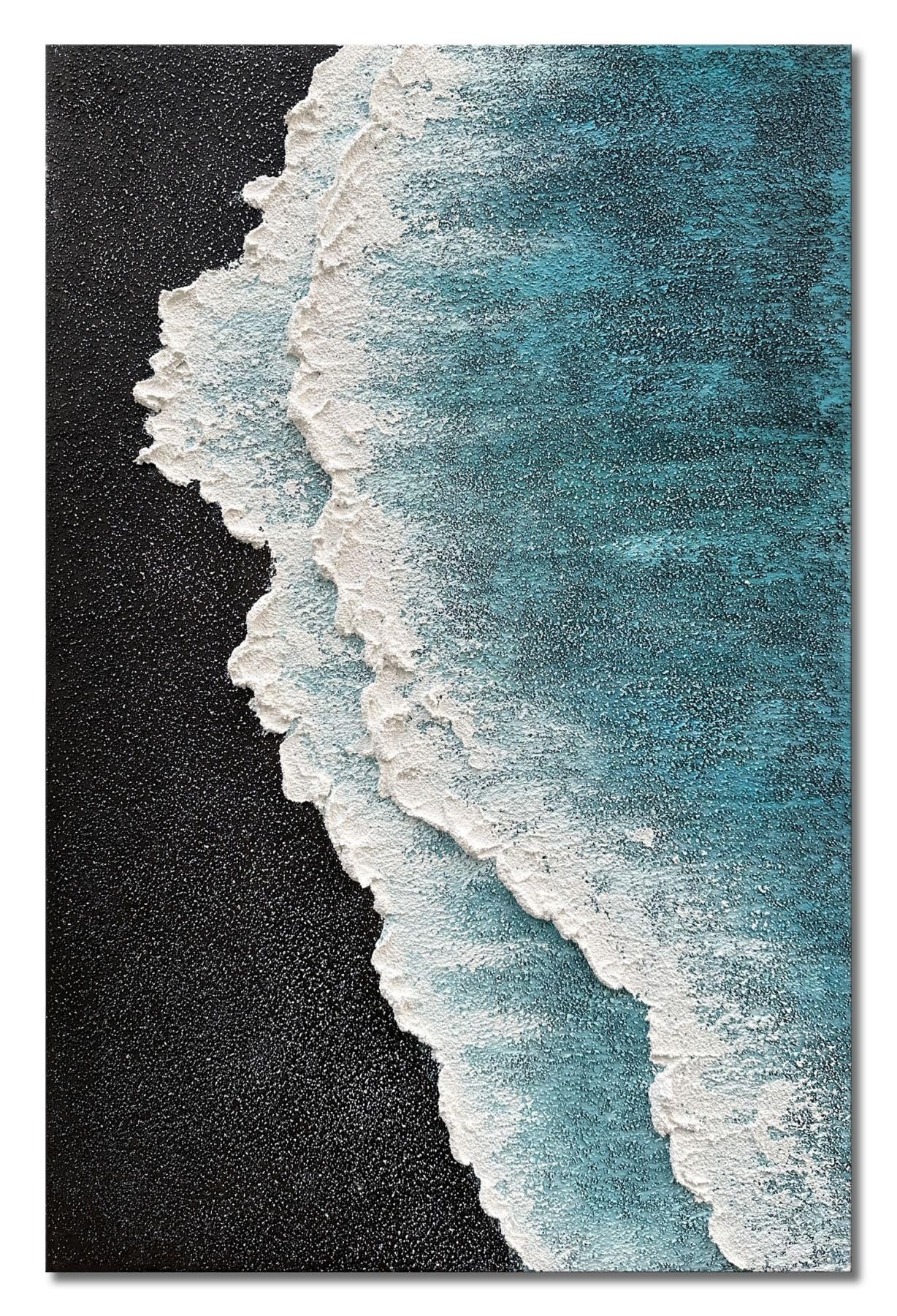zoinart3D Textured Canvas Wall Art Hand Painted Black White and Blue Beach Oil Paintings 24x36 Inch Abstract Modern Sea Wall Art Quartz Sand Wall Painting for Living Room Bedroom Wall Decor