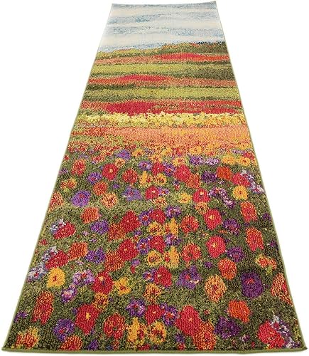 Miniatura 5 de Unique Loom Estrella Collection - Alfombra floral, paisaje, abstracto, moderna, campos, 2 pies 7 pulgadas x 10 pies, multicolor verde