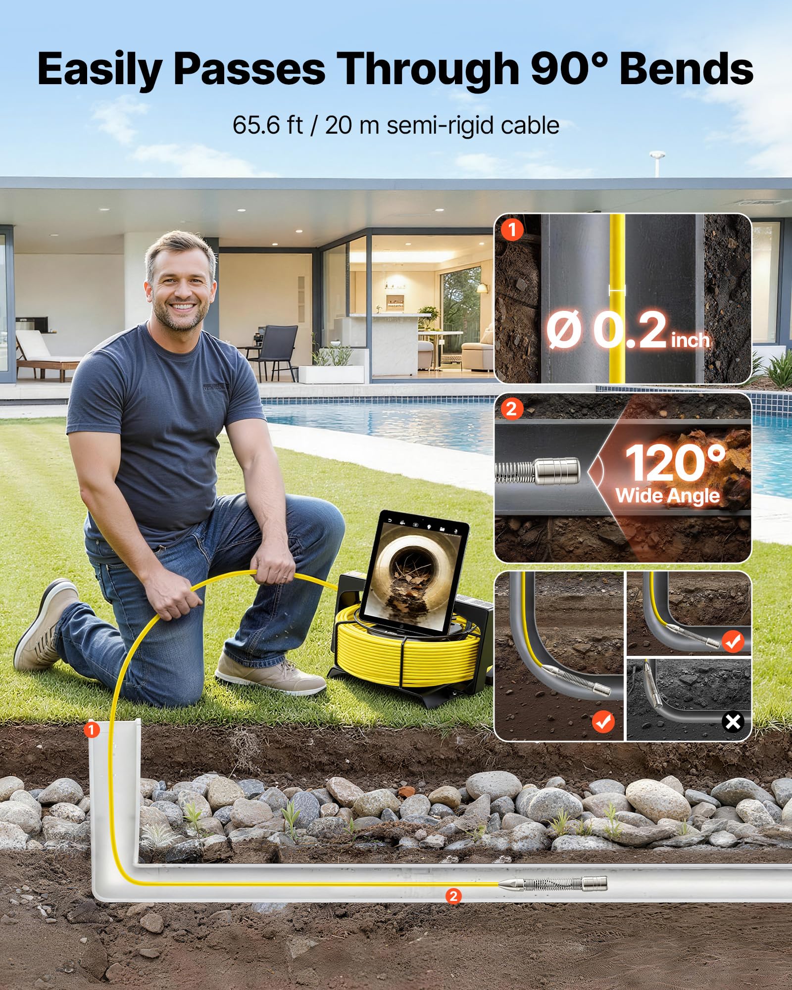VEVOR Cámara de Inspección de Tuberías 1080P con Cable Semirrígido 20 m, 12 Luces LED de 3 Niveles, Cámara de Inspección Endoscópica, WiFi Inalámbrica, Batería 4500 mAh para Alcantarillado Fontanería