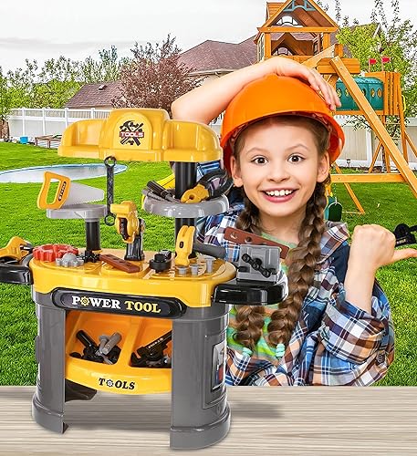 Miniatura 6 de Mozlly Banco de herramientas eléctricas para niños, caja de banco de trabajo para niños con cinturón, juguete de motosierra y más juguetes de