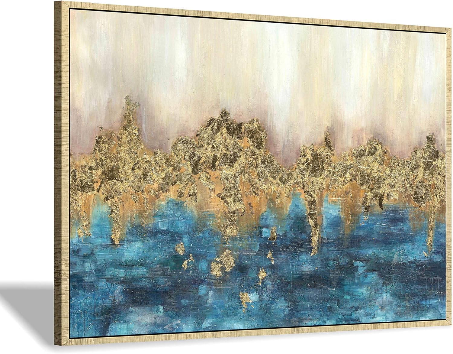 Hand Painted Canvas Painting Framed: Abstract Heavy Textured Dark Blue Gold Foils Embellishment Wall Art Large for Bedroom (45” x 30'' x 1 Panel)