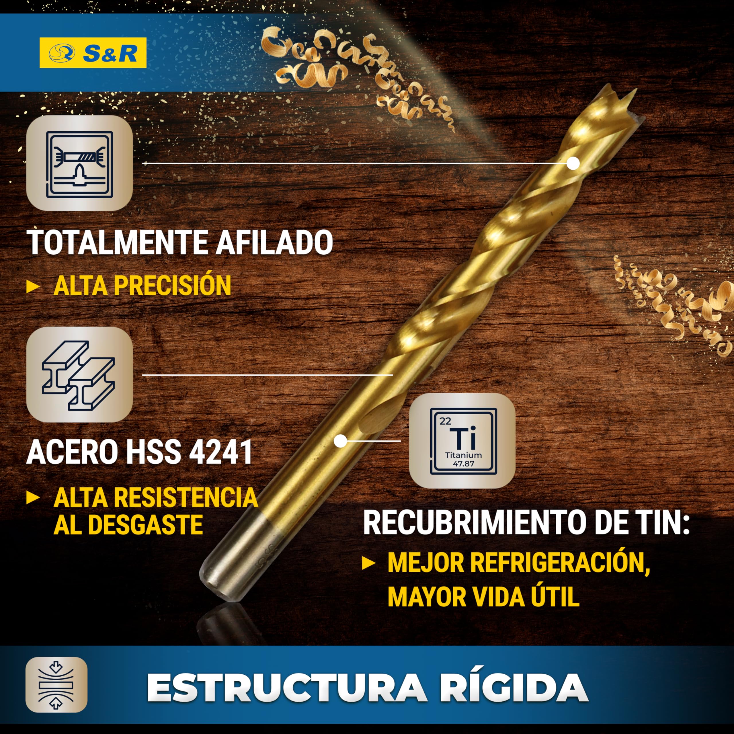S&R Brocas para Madera Professionales 25 piezas 1-13 mm en acero HSS | 4241titanio - Brocas para taladro manual y de columna
